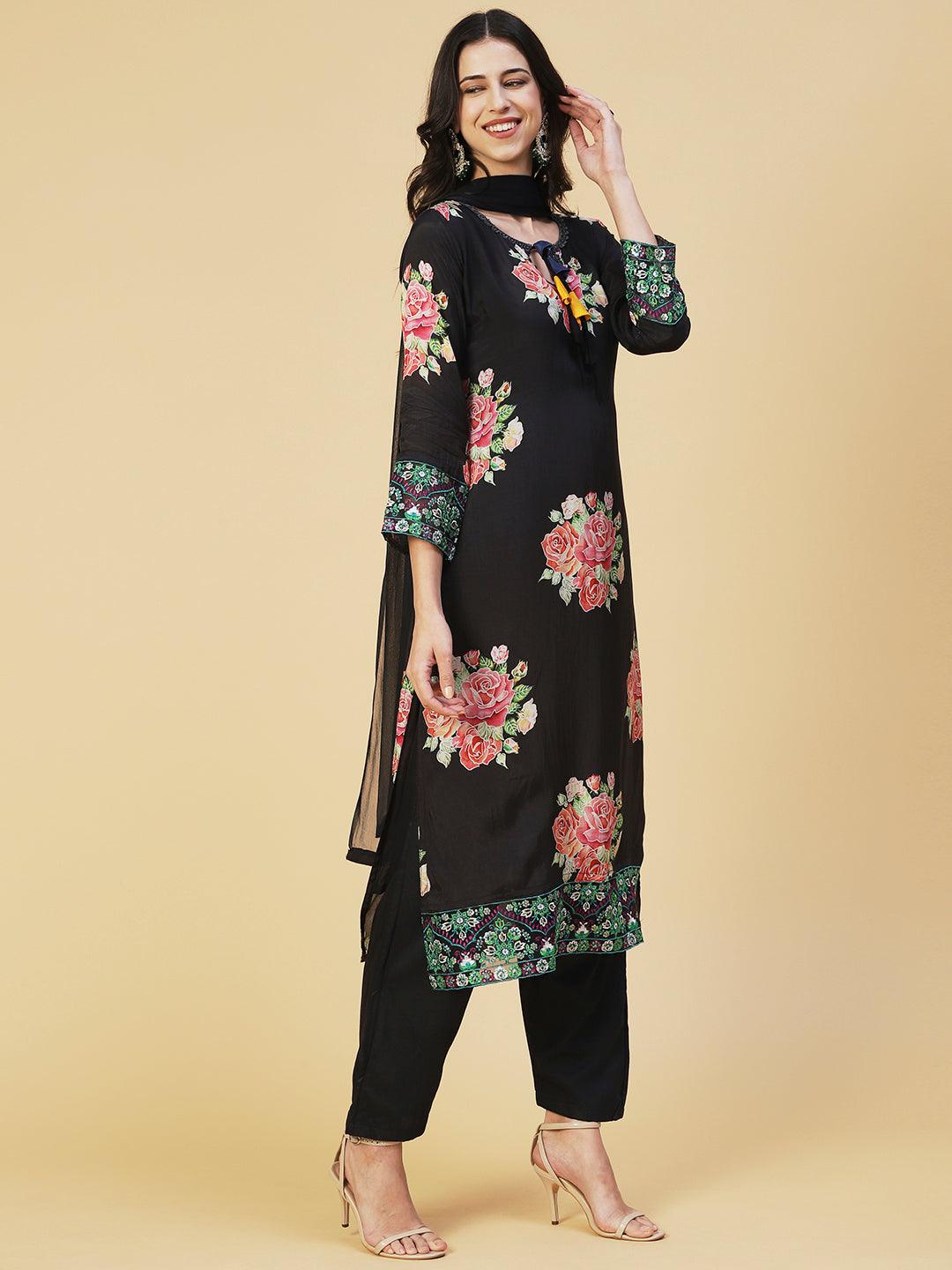 Floral Printed Resham Embroidered Kurta With Pants & Dupatta - Black - Indiakreations