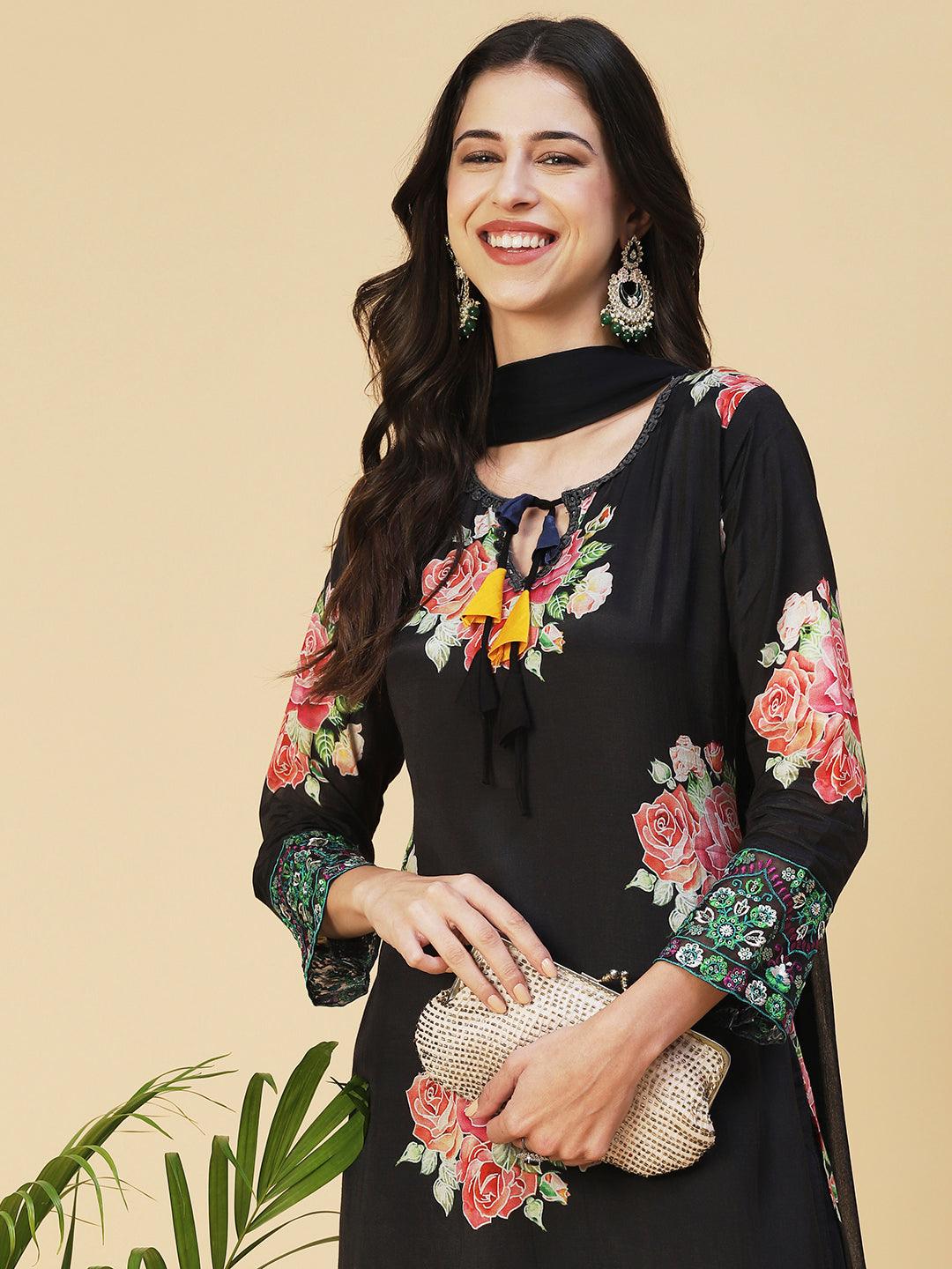 Floral Printed Resham Embroidered Kurta With Pants & Dupatta - Black - Indiakreations