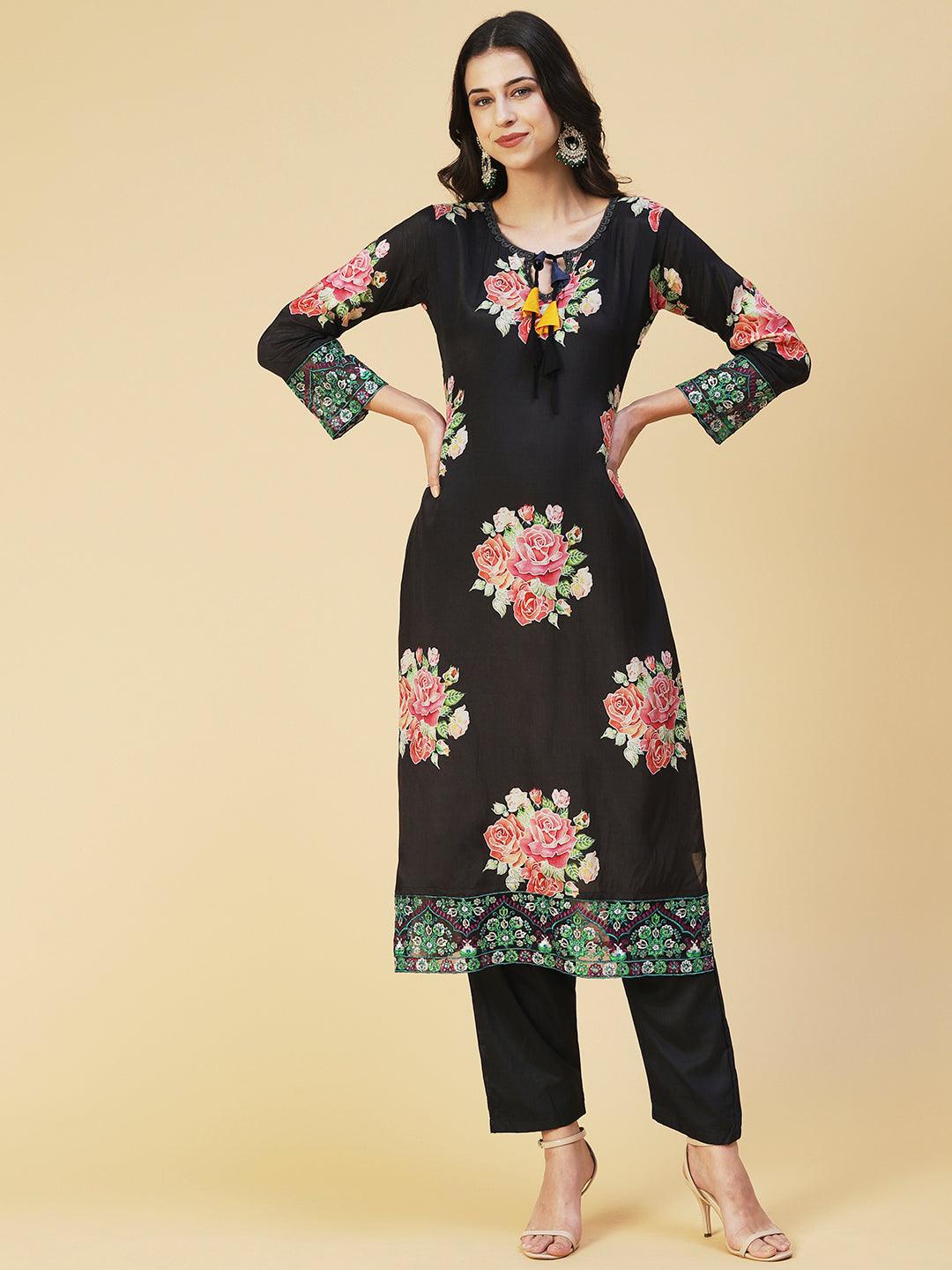 Floral Printed Resham Embroidered Kurta With Pants & Dupatta - Black - Indiakreations