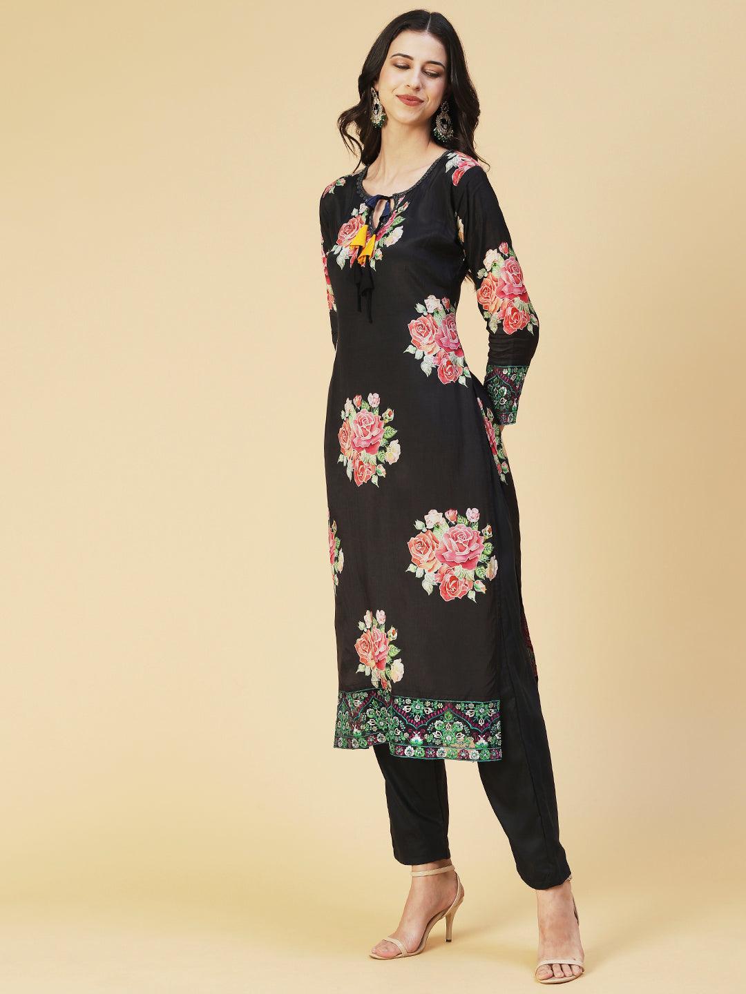 Floral Printed Resham Embroidered Kurta With Pants & Dupatta - Black - Indiakreations