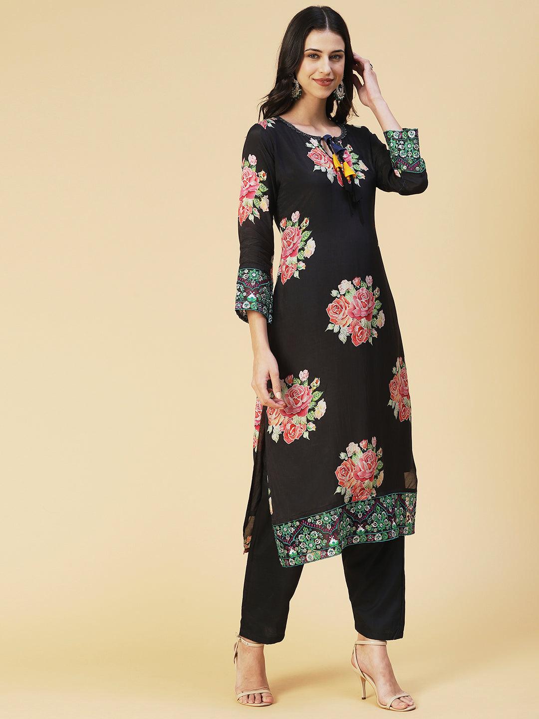 Floral Printed Resham Embroidered Kurta With Pants & Dupatta - Black - Indiakreations