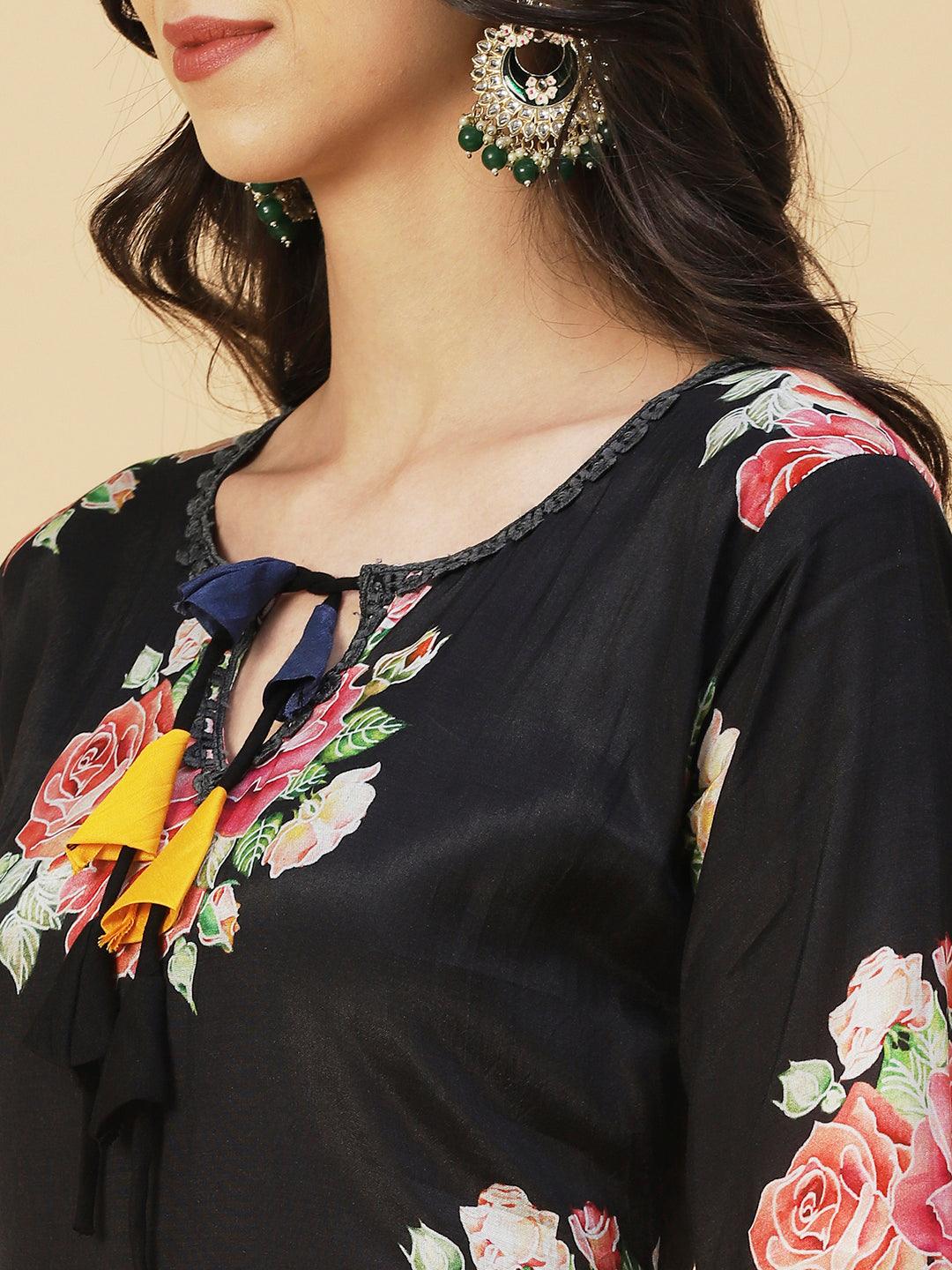 Floral Printed Resham Embroidered Kurta With Pants & Dupatta - Black - Indiakreations