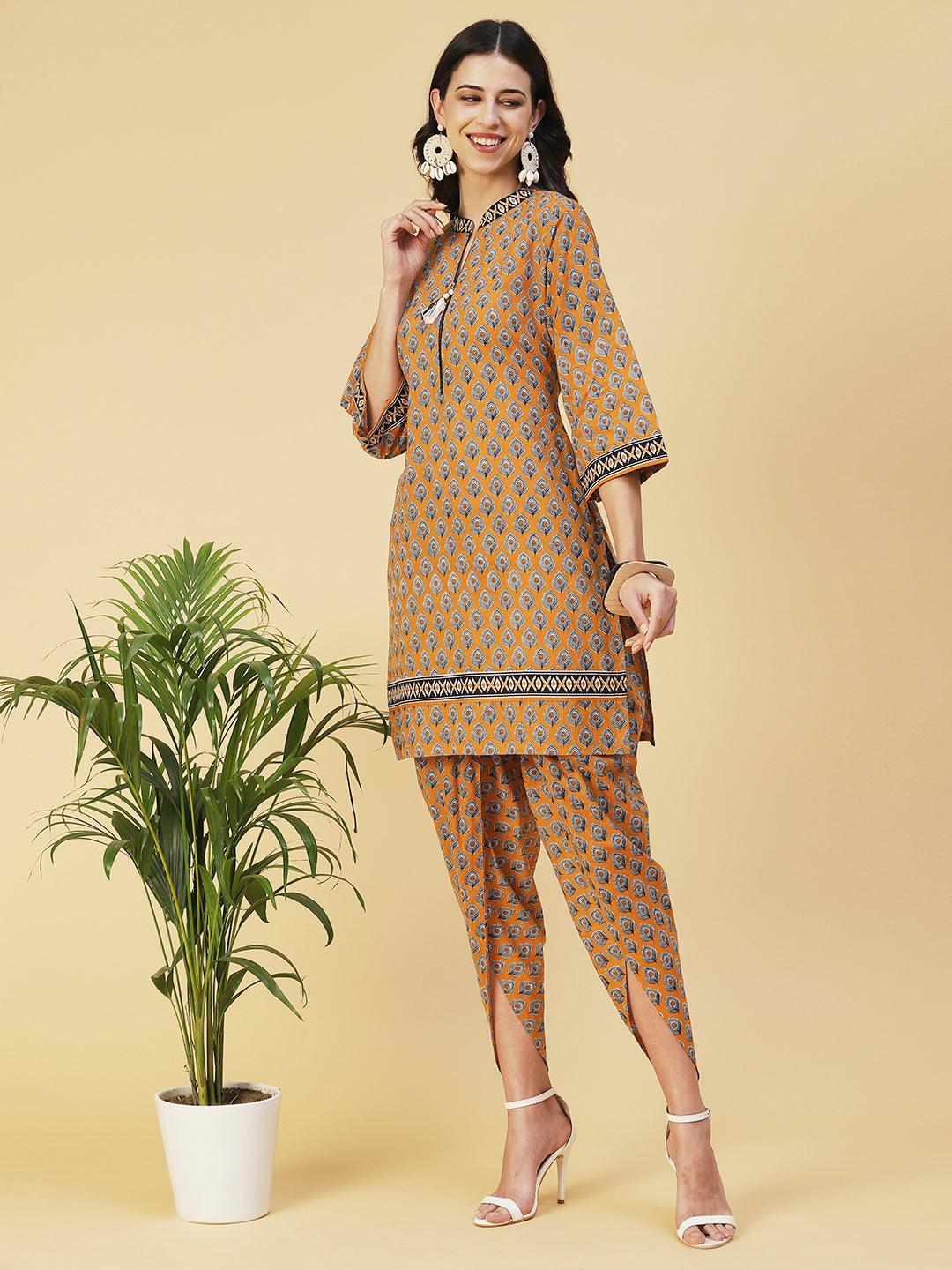 Ethnic Printed Kurta With Printed Dhoti Pants - Mustard - Indiakreations