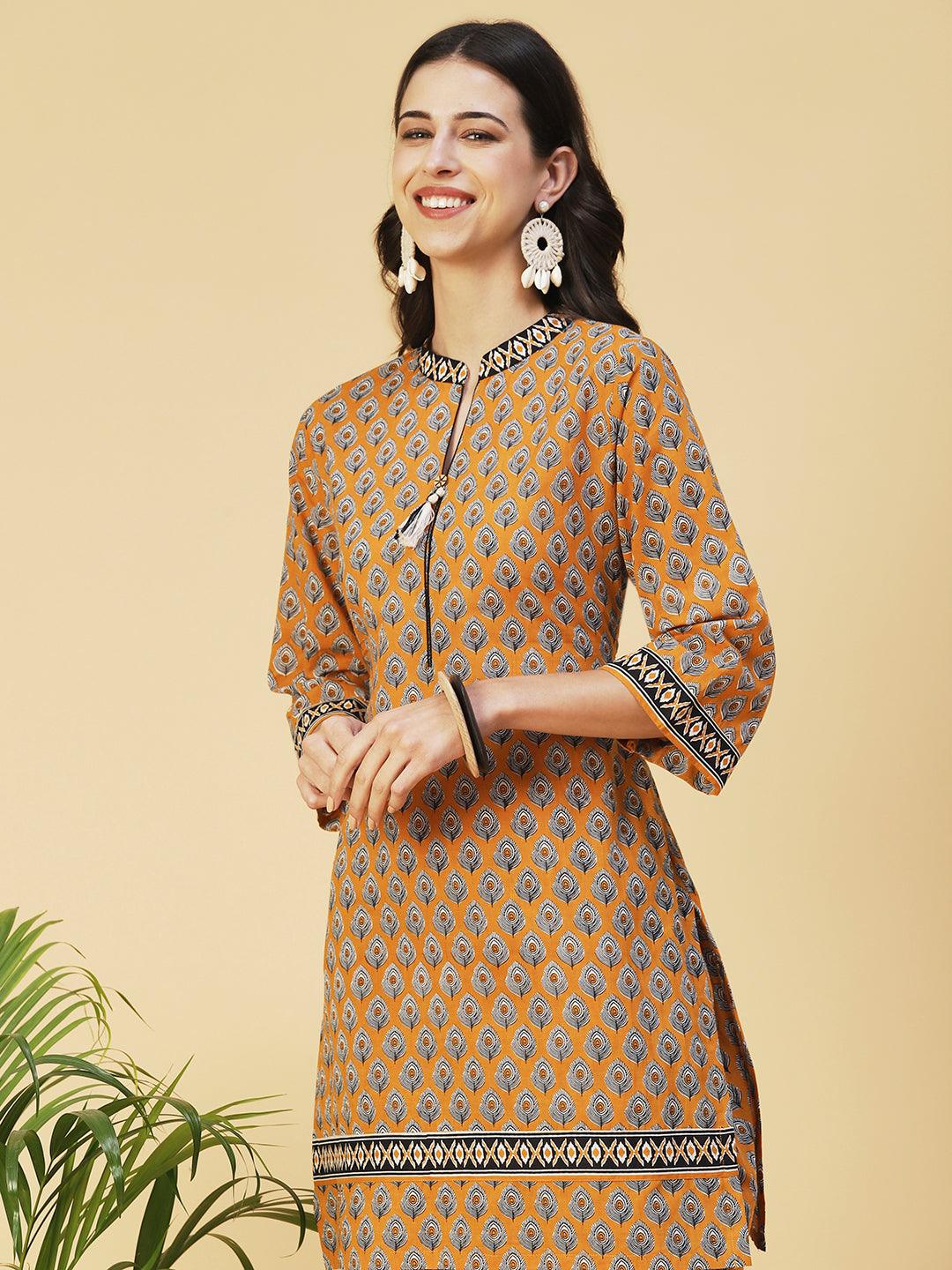 Ethnic Printed Kurta With Printed Dhoti Pants - Mustard - Indiakreations