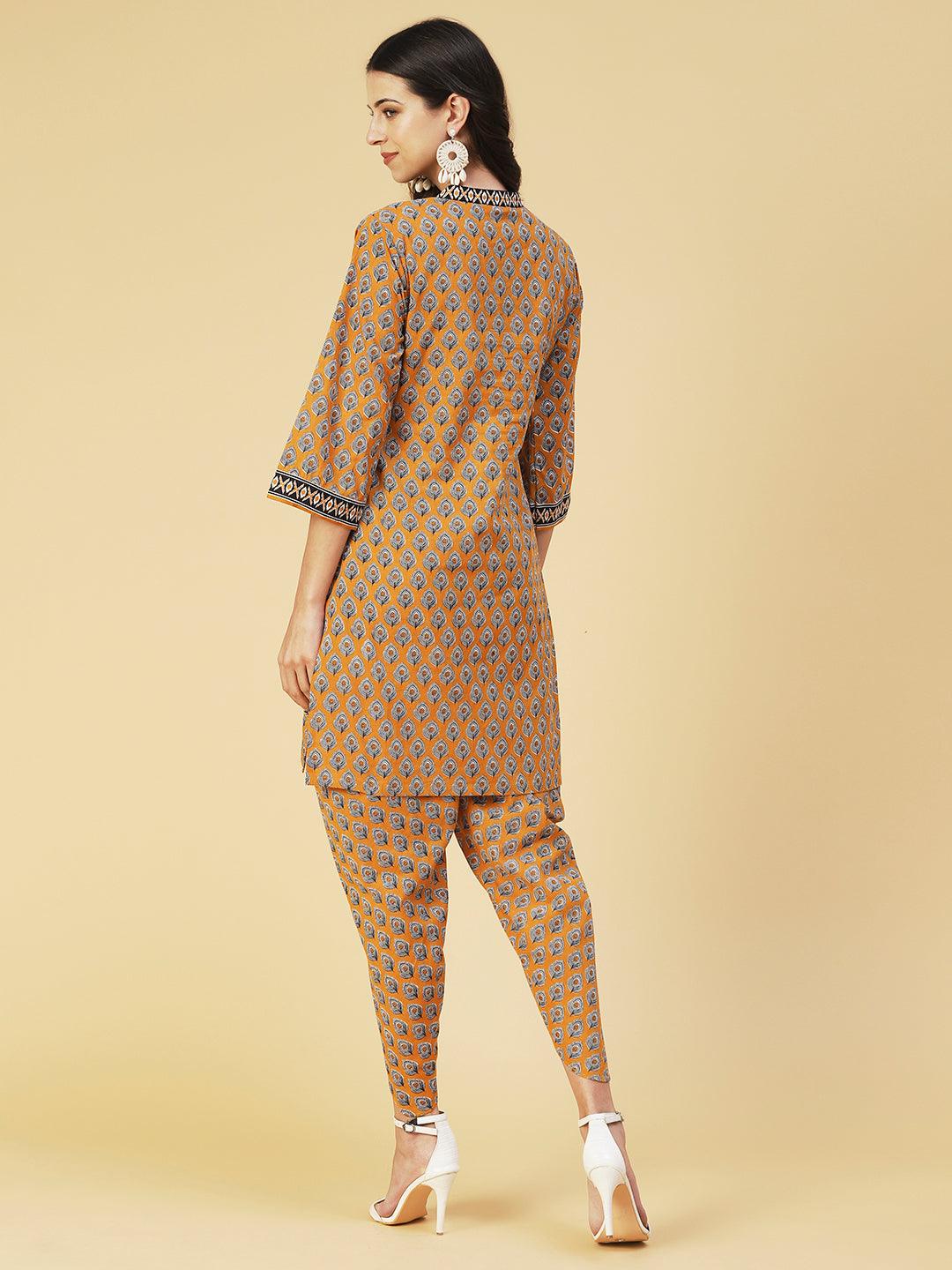 Ethnic Printed Kurta With Printed Dhoti Pants - Mustard - Indiakreations