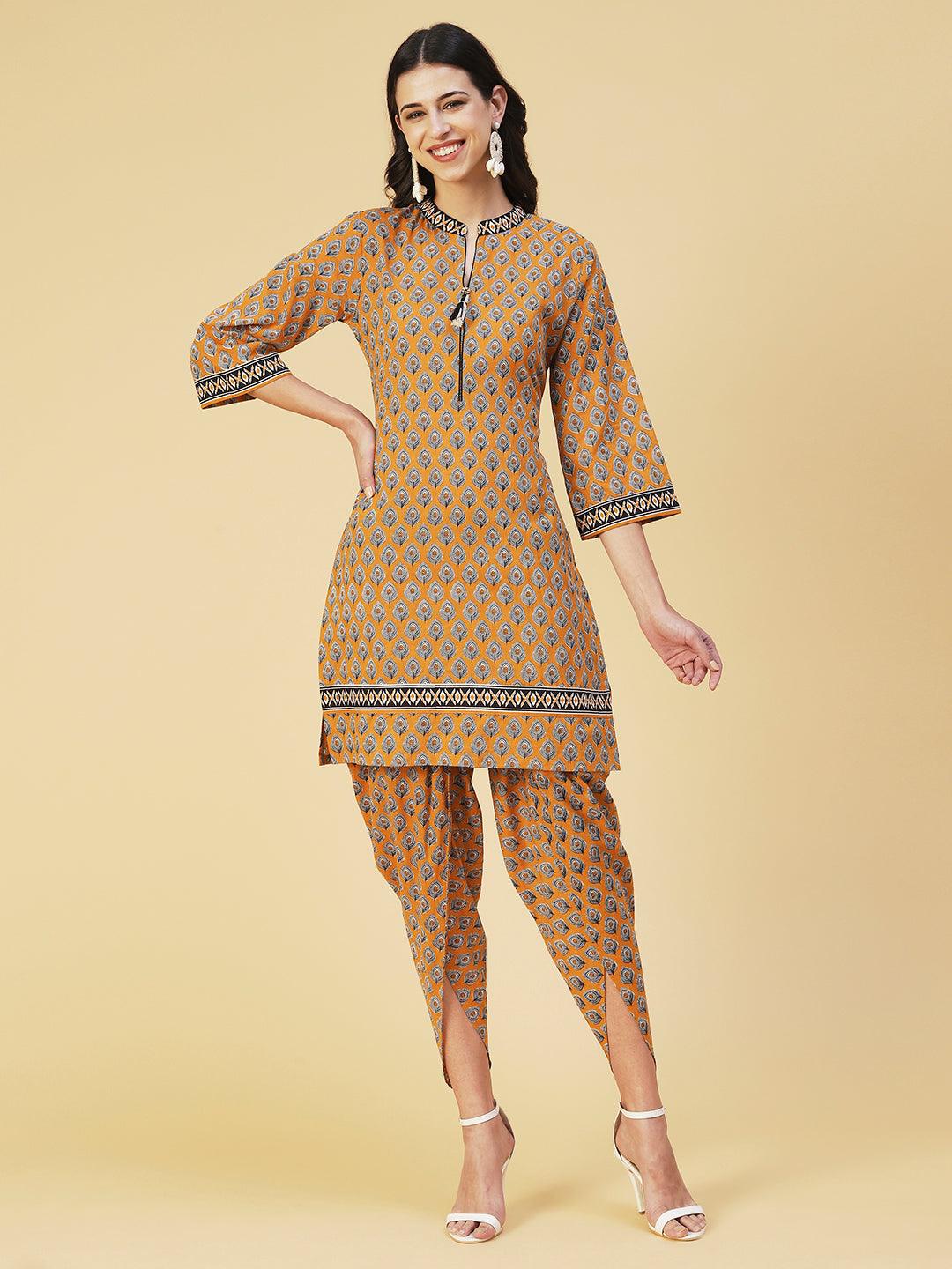 Ethnic Printed Kurta With Printed Dhoti Pants - Mustard - Indiakreations