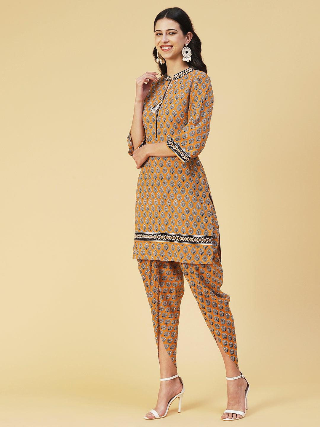 Ethnic Printed Kurta With Printed Dhoti Pants - Mustard - Indiakreations