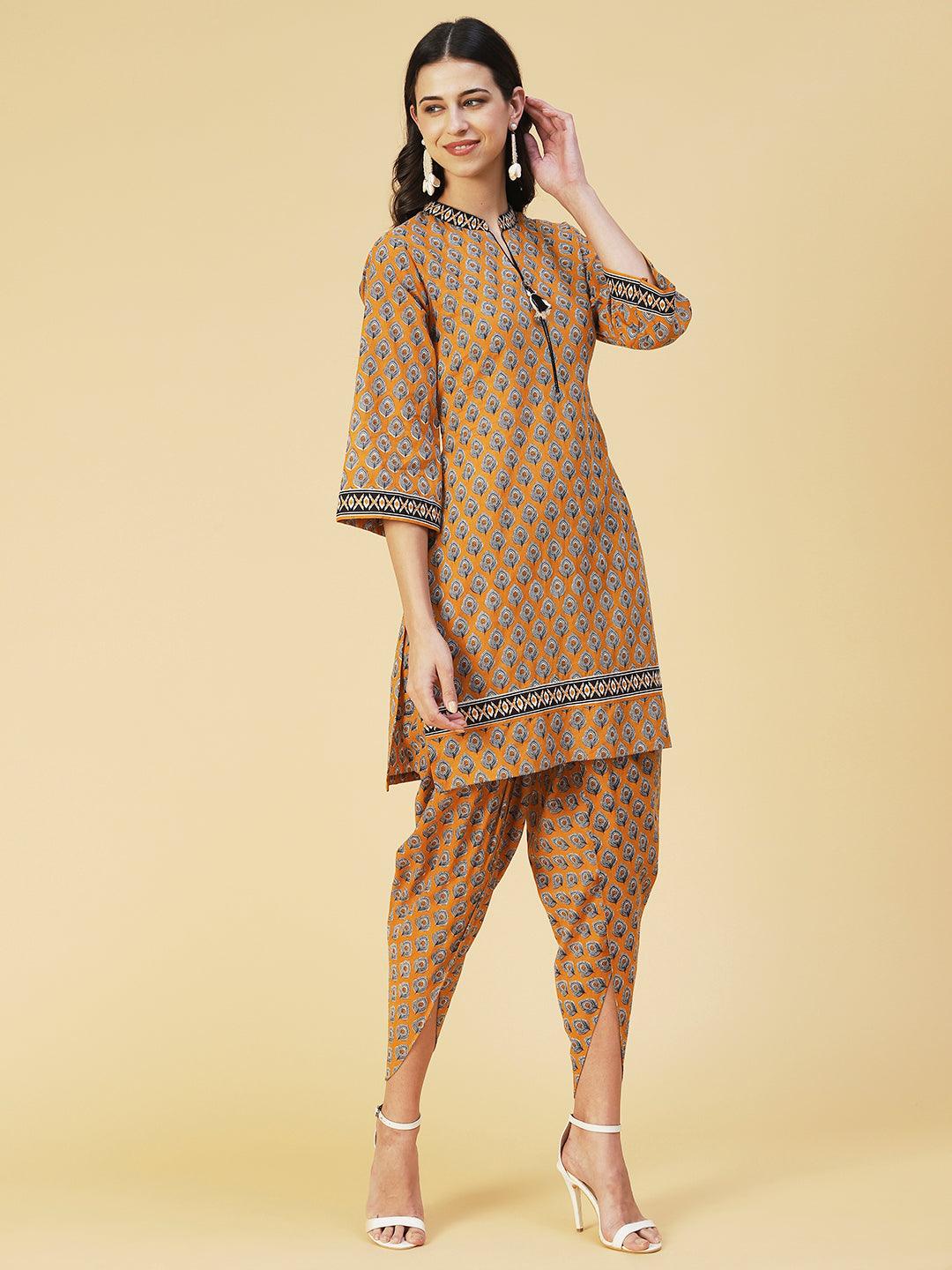 Ethnic Printed Kurta With Printed Dhoti Pants - Mustard - Indiakreations