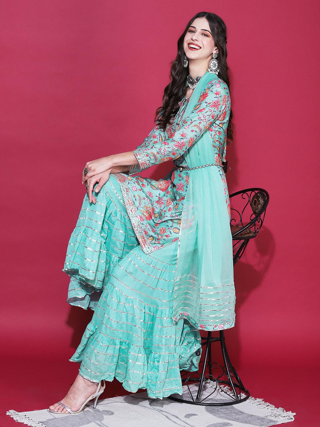 Floral Printed & Embroidered Straight Fit Kurta with Sharara & Dupatta - Green - Indiakreations