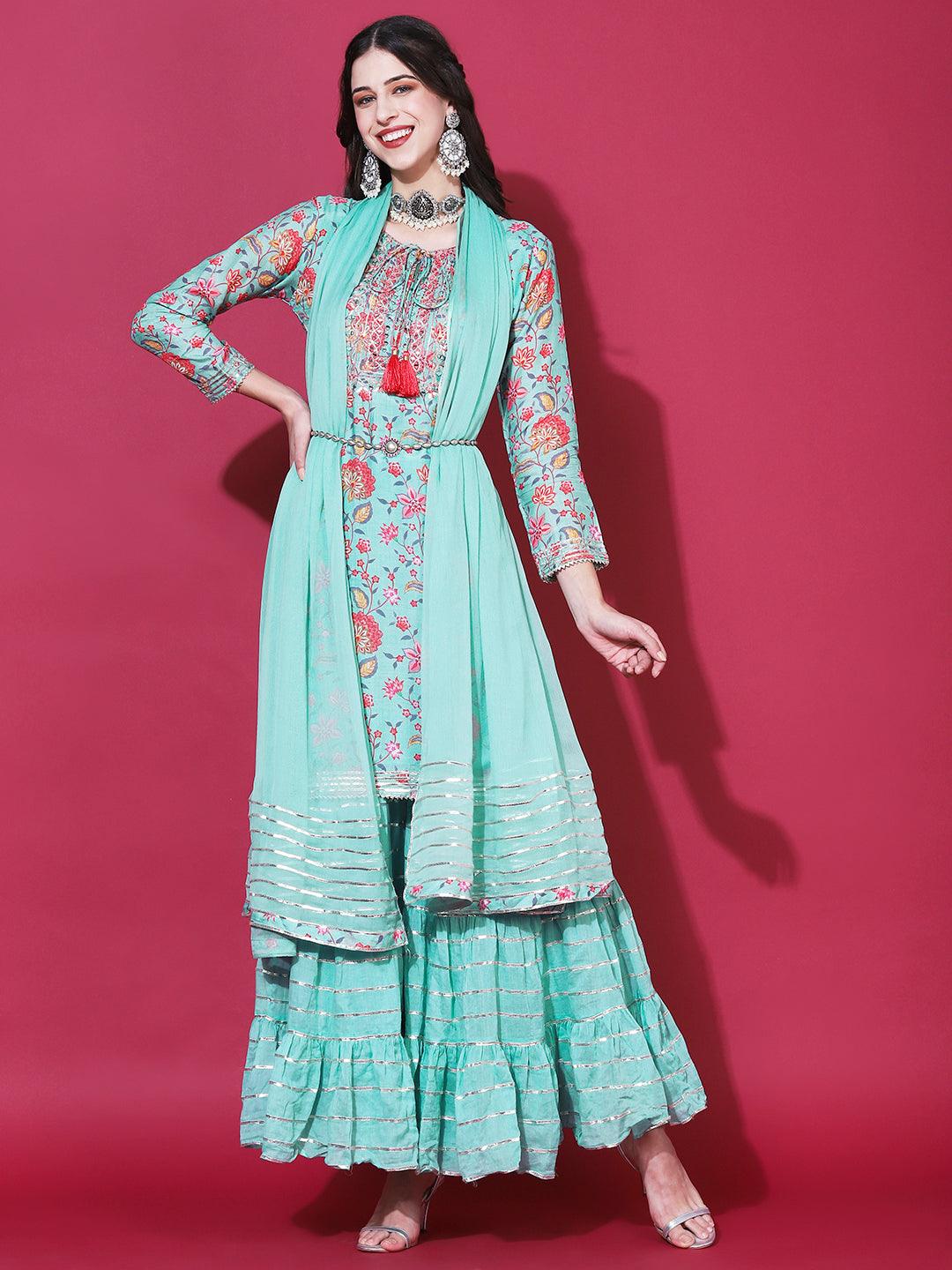 Floral Printed & Embroidered Straight Fit Kurta with Sharara & Dupatta - Green - Indiakreations