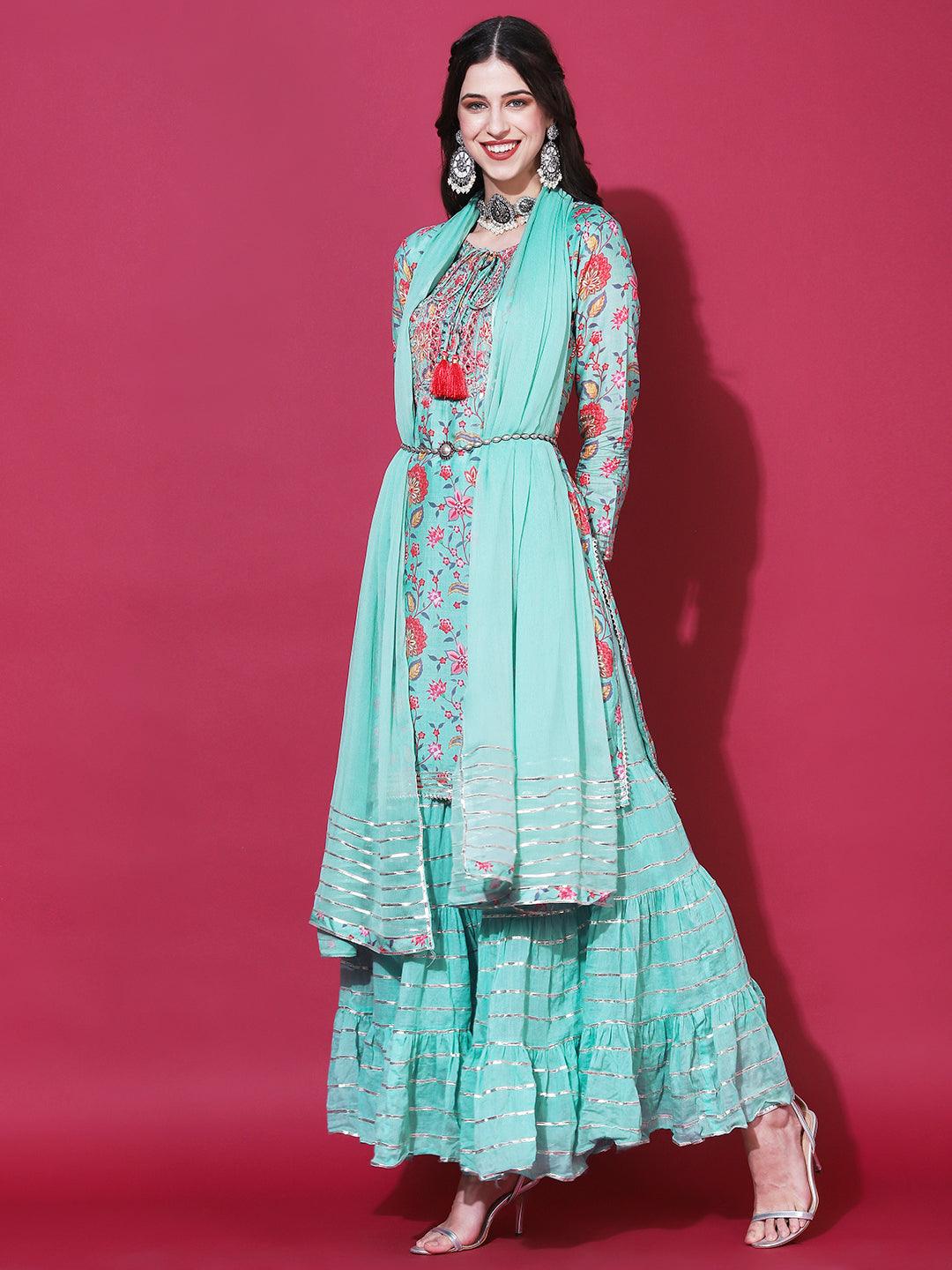 Floral Printed & Embroidered Straight Fit Kurta with Sharara & Dupatta - Green - Indiakreations