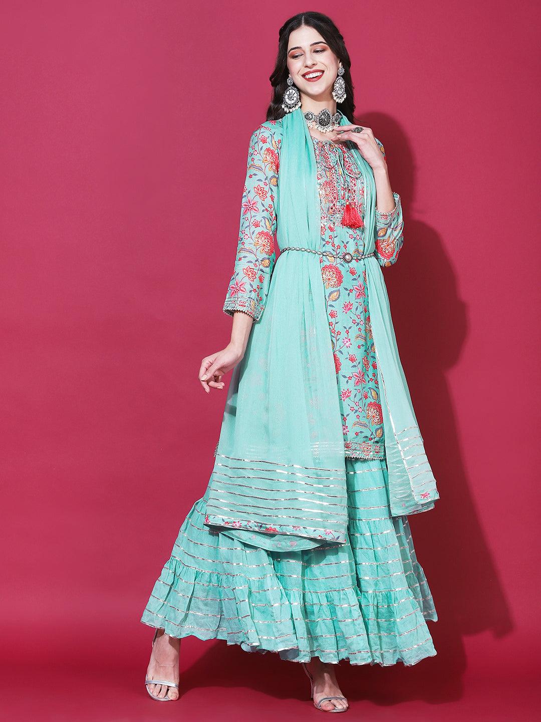 Floral Printed & Embroidered Straight Fit Kurta with Sharara & Dupatta - Green - Indiakreations