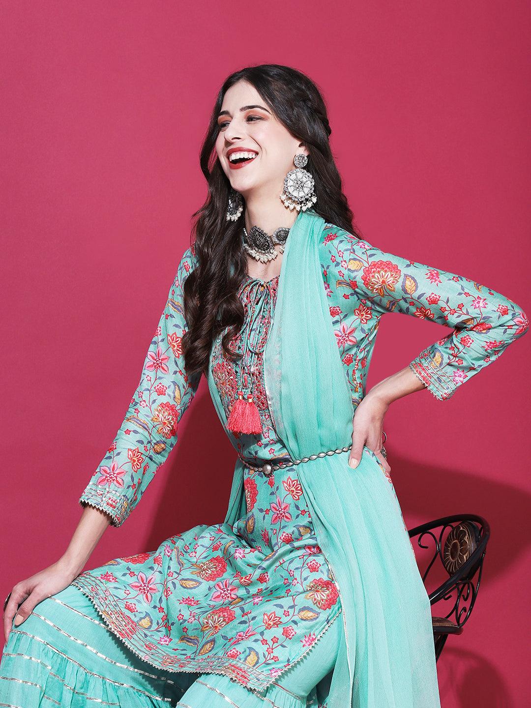 Floral Printed & Embroidered Straight Fit Kurta with Sharara & Dupatta - Green - Indiakreations