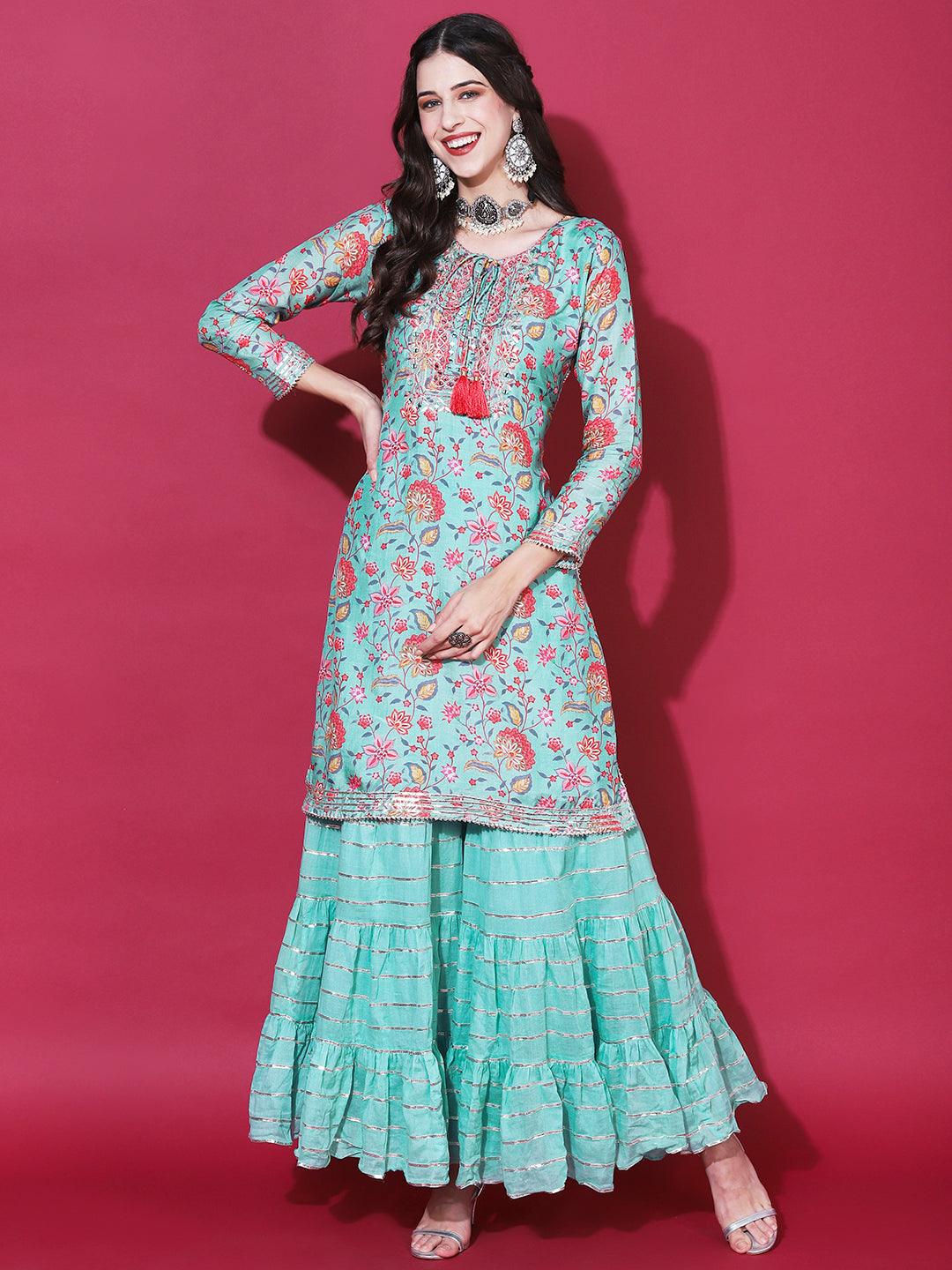 Floral Printed & Embroidered Straight Fit Kurta with Sharara & Dupatta - Green - Indiakreations