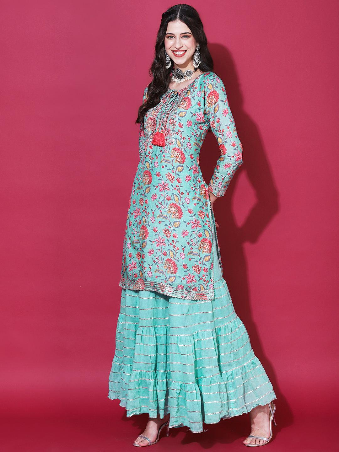 Floral Printed & Embroidered Straight Fit Kurta with Sharara & Dupatta - Green - Indiakreations