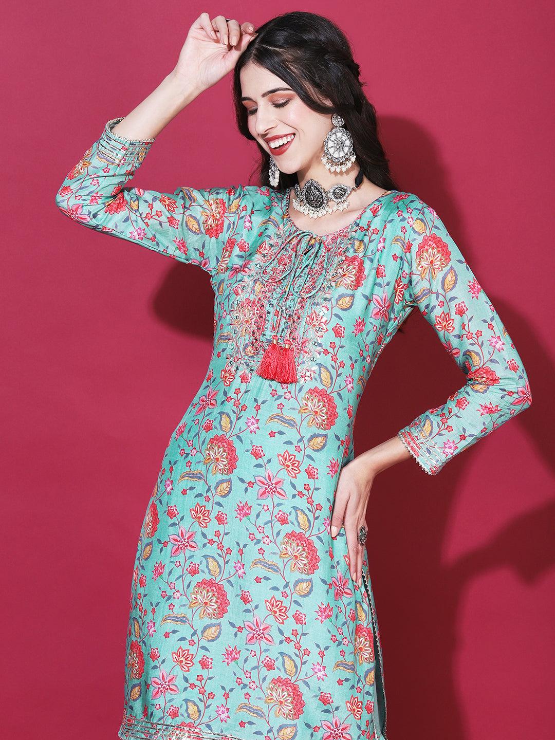 Floral Printed & Embroidered Straight Fit Kurta with Sharara & Dupatta - Green - Indiakreations