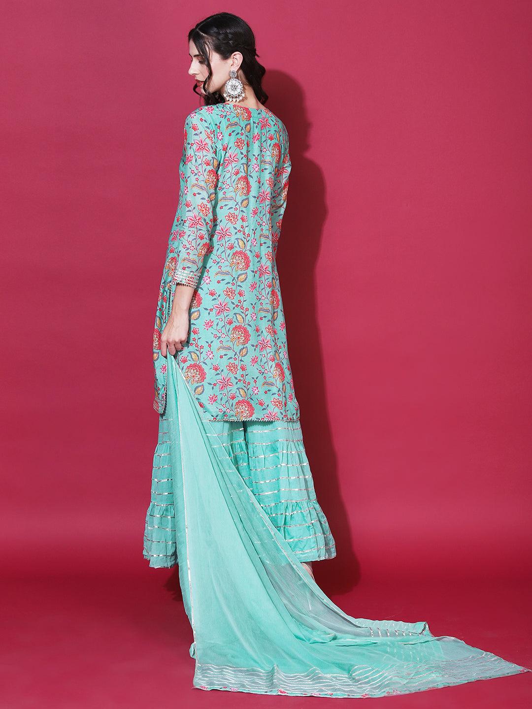 Floral Printed & Embroidered Straight Fit Kurta with Sharara & Dupatta - Green - Indiakreations