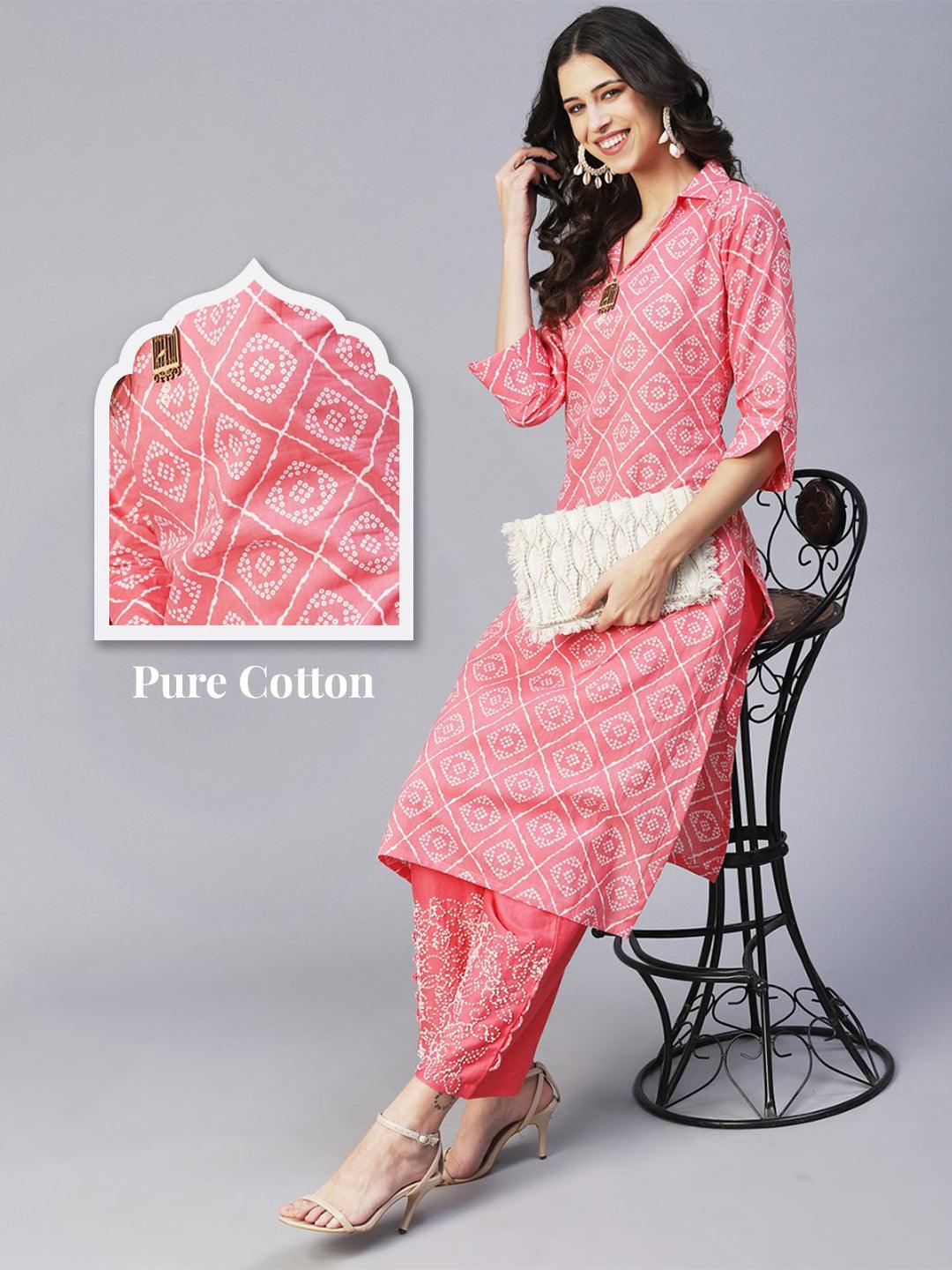 Bandhani Printed Straight Fit Kurta with Pant - Coral - Indiakreations