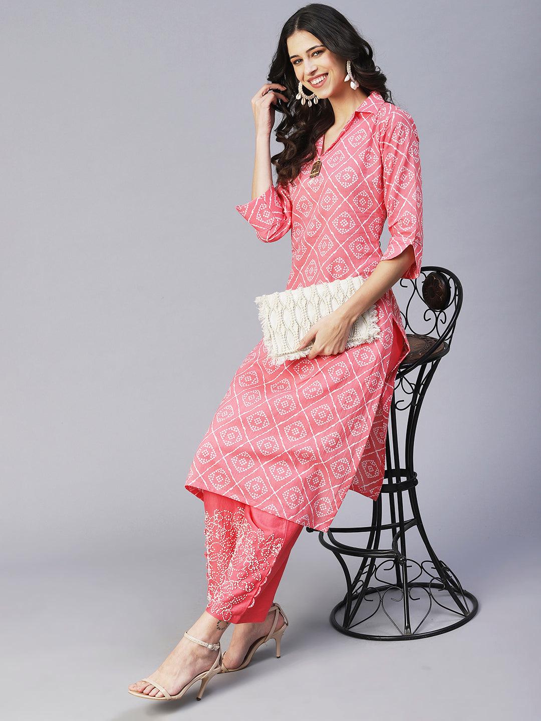 Bandhani Printed Straight Fit Kurta with Pant - Coral - Indiakreations