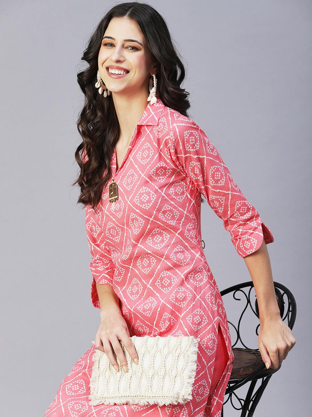 Bandhani Printed Straight Fit Kurta with Pant - Coral - Indiakreations