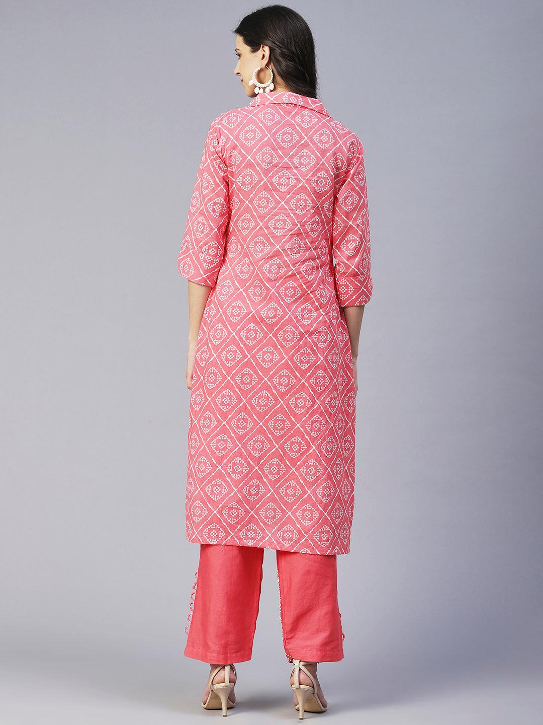 Bandhani Printed Straight Fit Kurta with Pant - Coral - Indiakreations