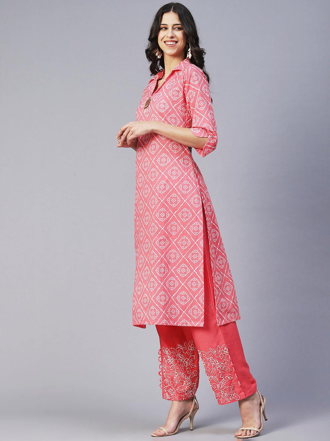 Bandhani Printed Straight Fit Kurta with Pant - Coral - Indiakreations