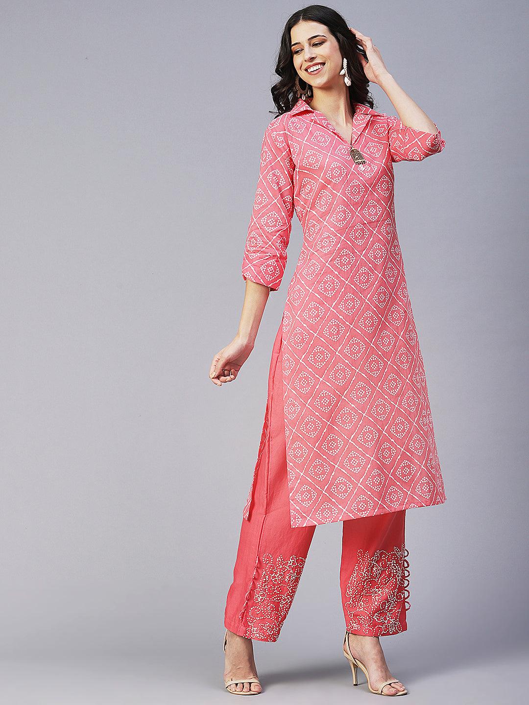 Bandhani Printed Straight Fit Kurta with Pant - Coral - Indiakreations