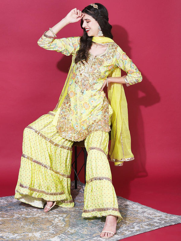 Floral Printed & Embroidered Straight Kurta with Sharara & Dupatta - Yellow - Indiakreations