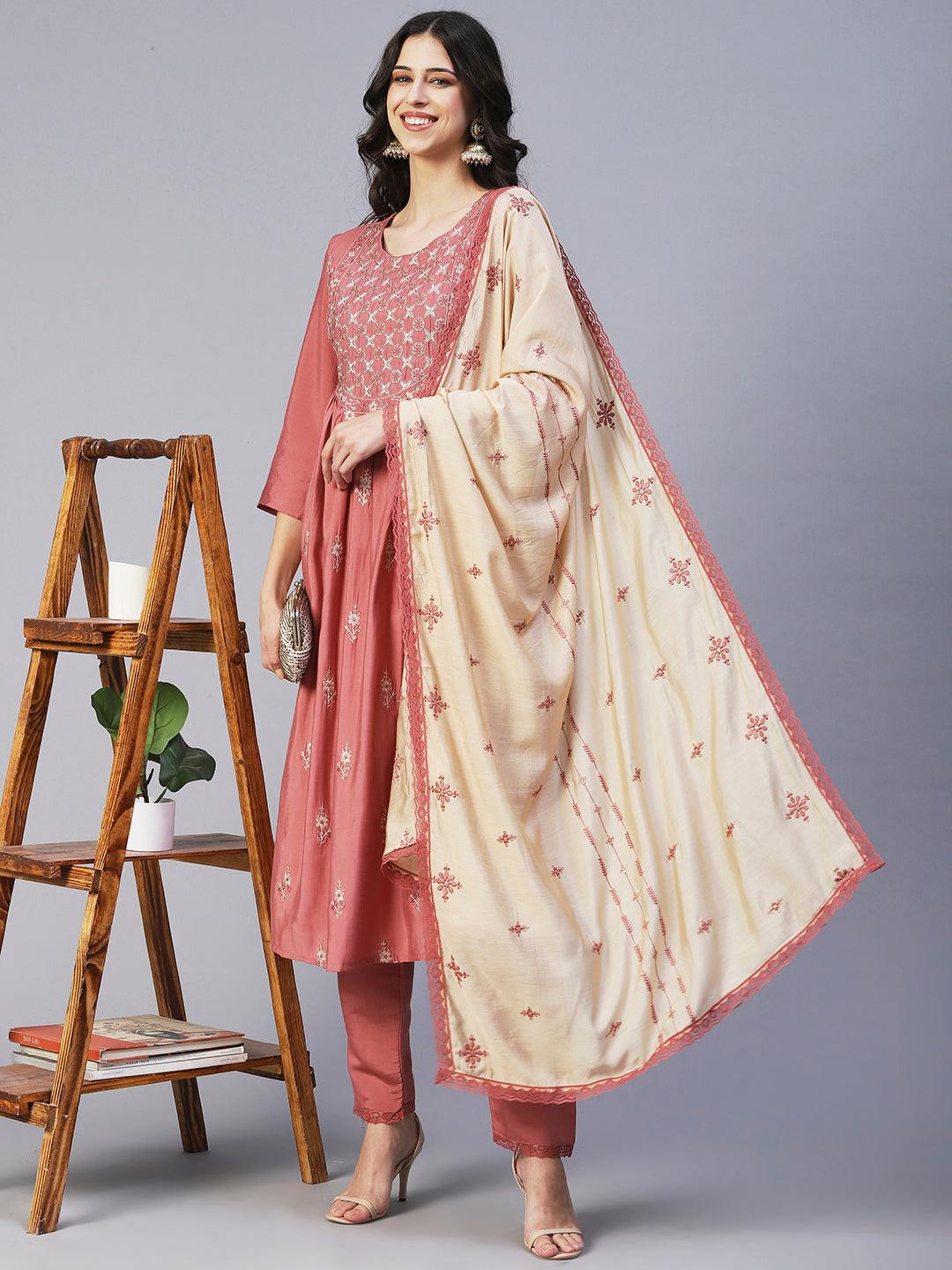 Floral Embroidered Straight Fit Kurta with Pant & Dupatta - Rose - Indiakreations