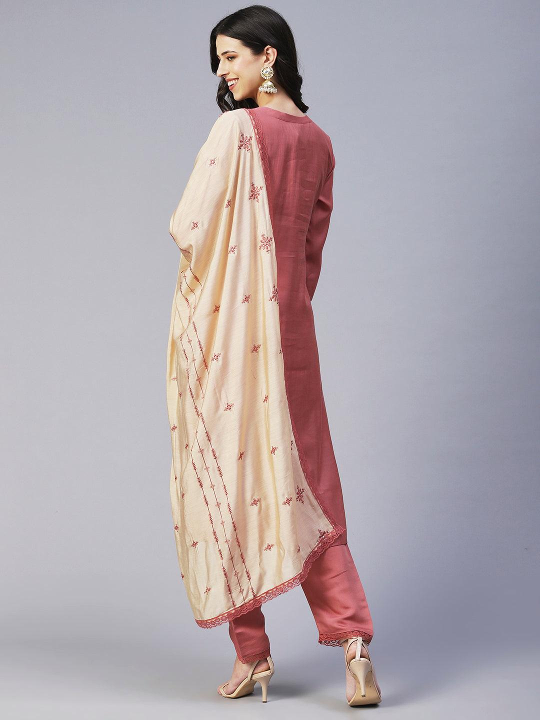 Floral Embroidered Straight Fit Kurta with Pant & Dupatta - Rose - Indiakreations