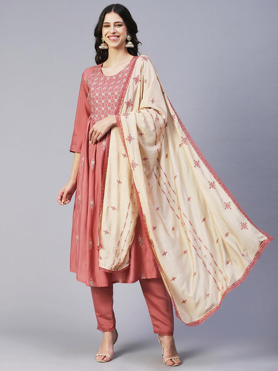 Floral Embroidered Straight Fit Kurta with Pant & Dupatta - Rose - Indiakreations