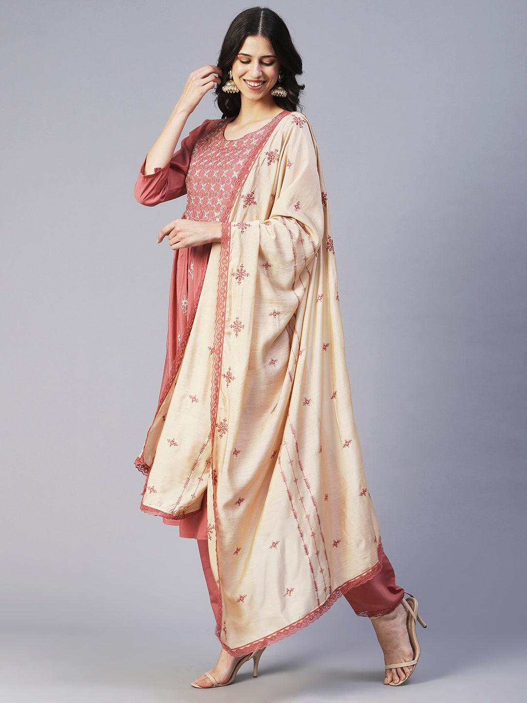 Floral Embroidered Straight Fit Kurta with Pant & Dupatta - Rose - Indiakreations