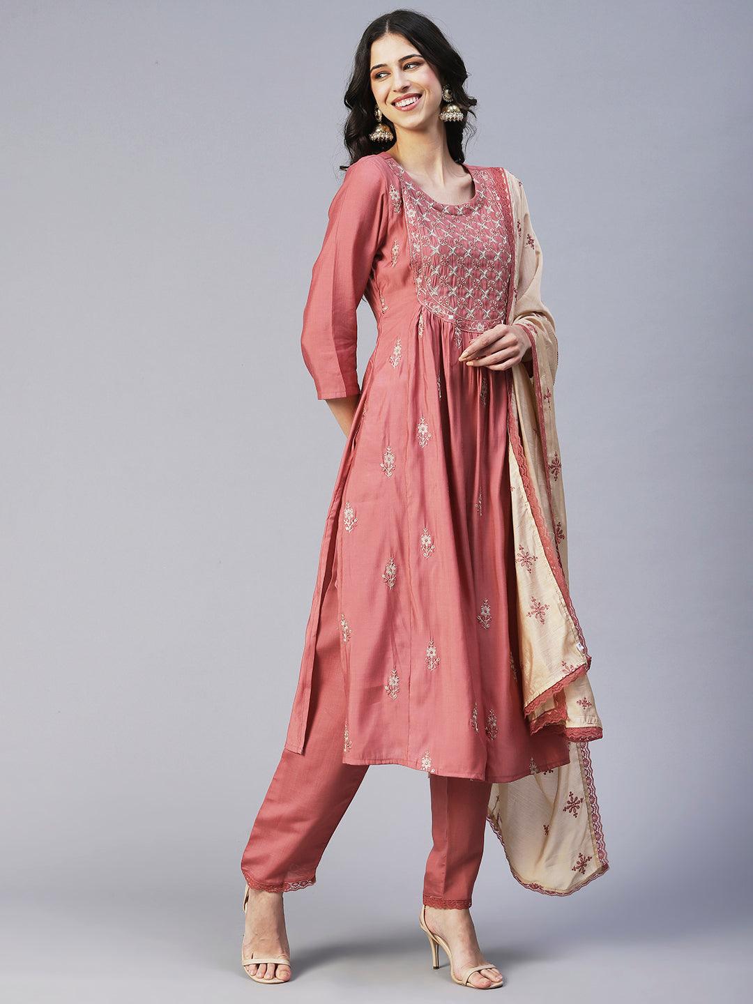 Floral Embroidered Straight Fit Kurta with Pant & Dupatta - Rose - Indiakreations