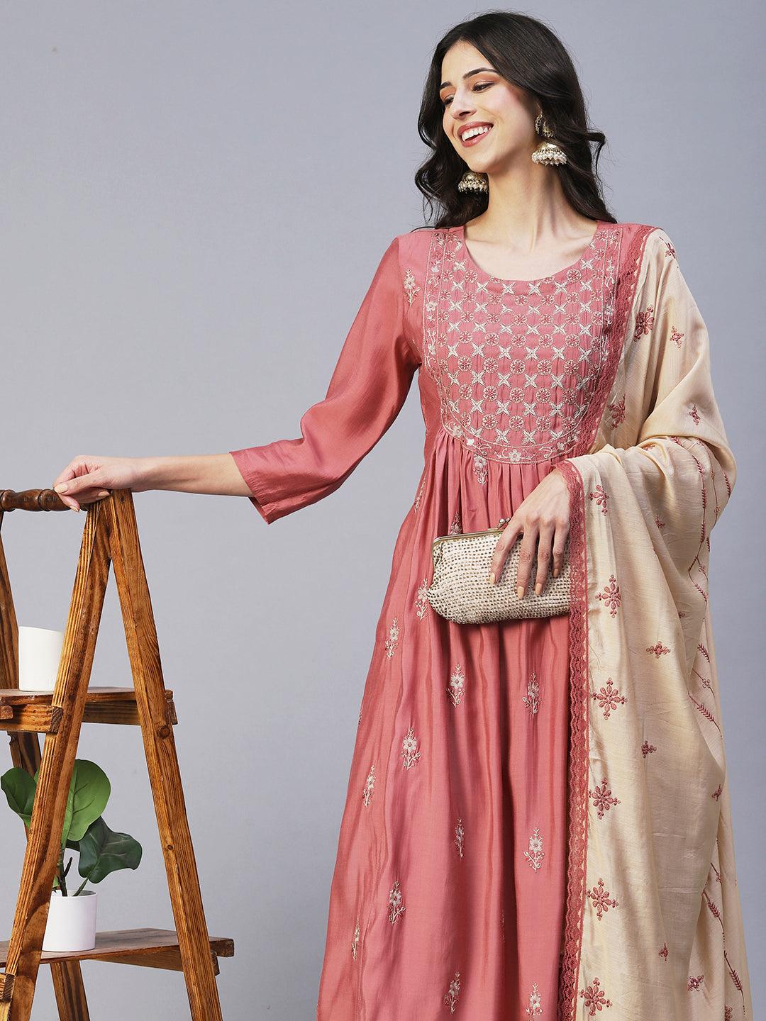 Floral Embroidered Straight Fit Kurta with Pant & Dupatta - Rose - Indiakreations