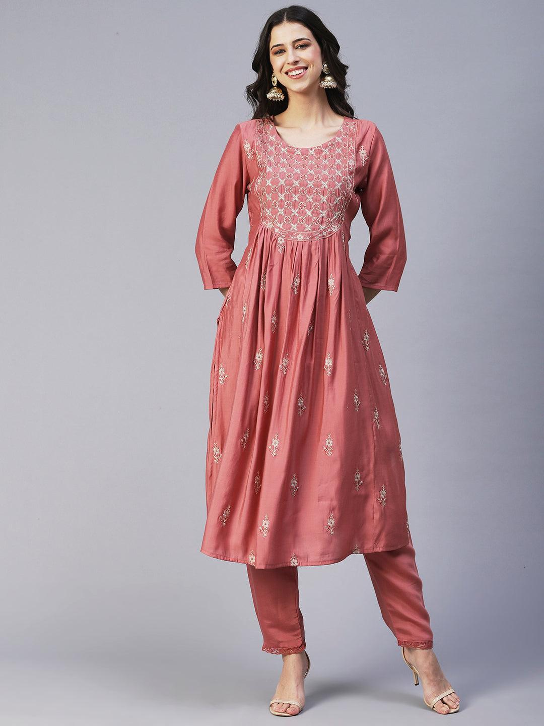 Floral Embroidered Straight Fit Kurta with Pant & Dupatta - Rose - Indiakreations