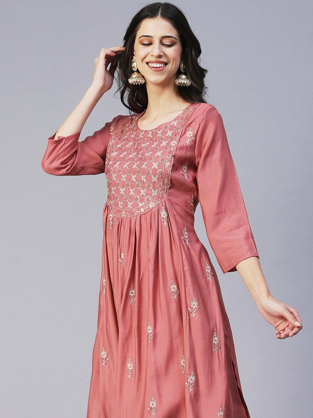 Floral Embroidered Straight Fit Kurta with Pant & Dupatta - Rose - Indiakreations