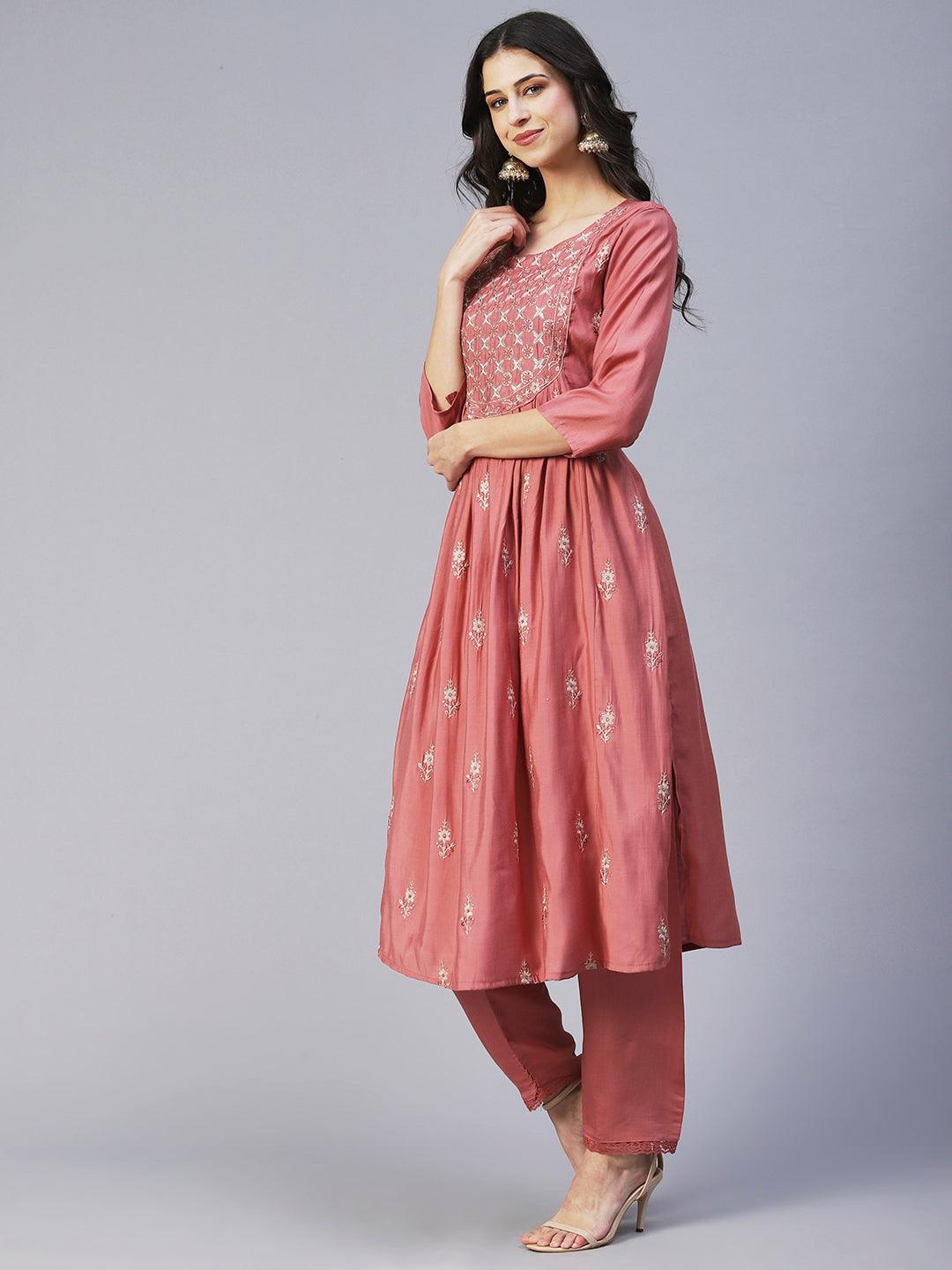 Floral Embroidered Straight Fit Kurta with Pant & Dupatta - Rose - Indiakreations