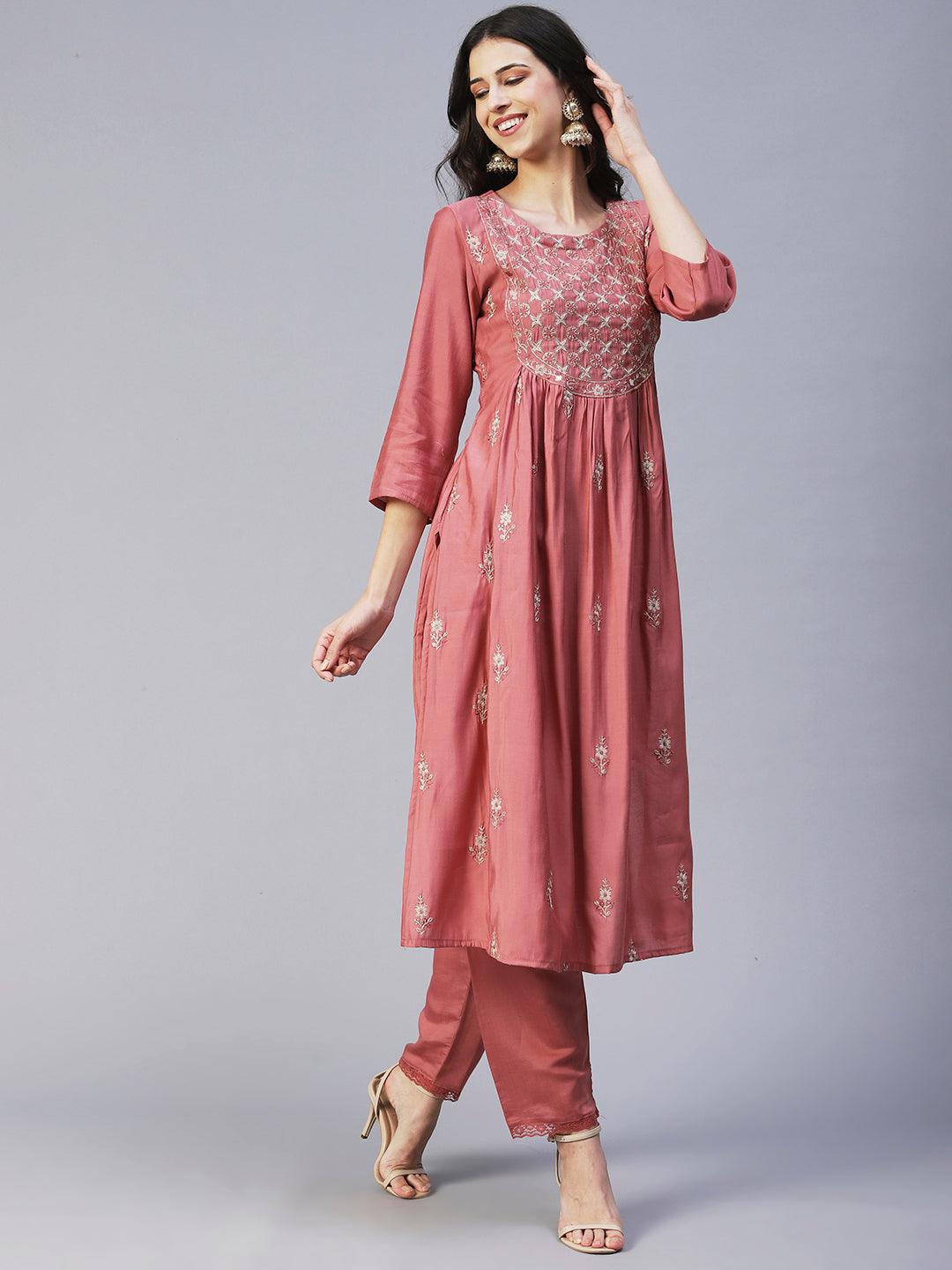 Floral Embroidered Straight Fit Kurta with Pant & Dupatta - Rose - Indiakreations