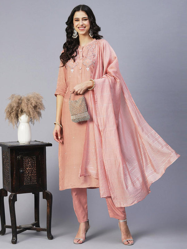 Ethnic Hand Embroidered Straight Fit Kurta with Pant & Dupatta - Rose Gold - Indiakreations