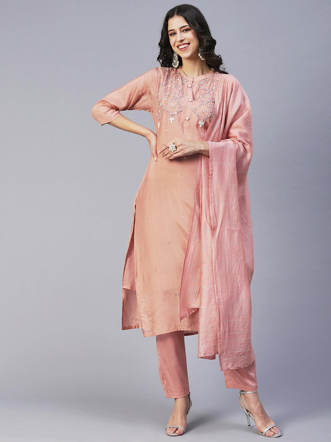 Ethnic Hand Embroidered Straight Fit Kurta with Pant & Dupatta - Rose Gold - Indiakreations