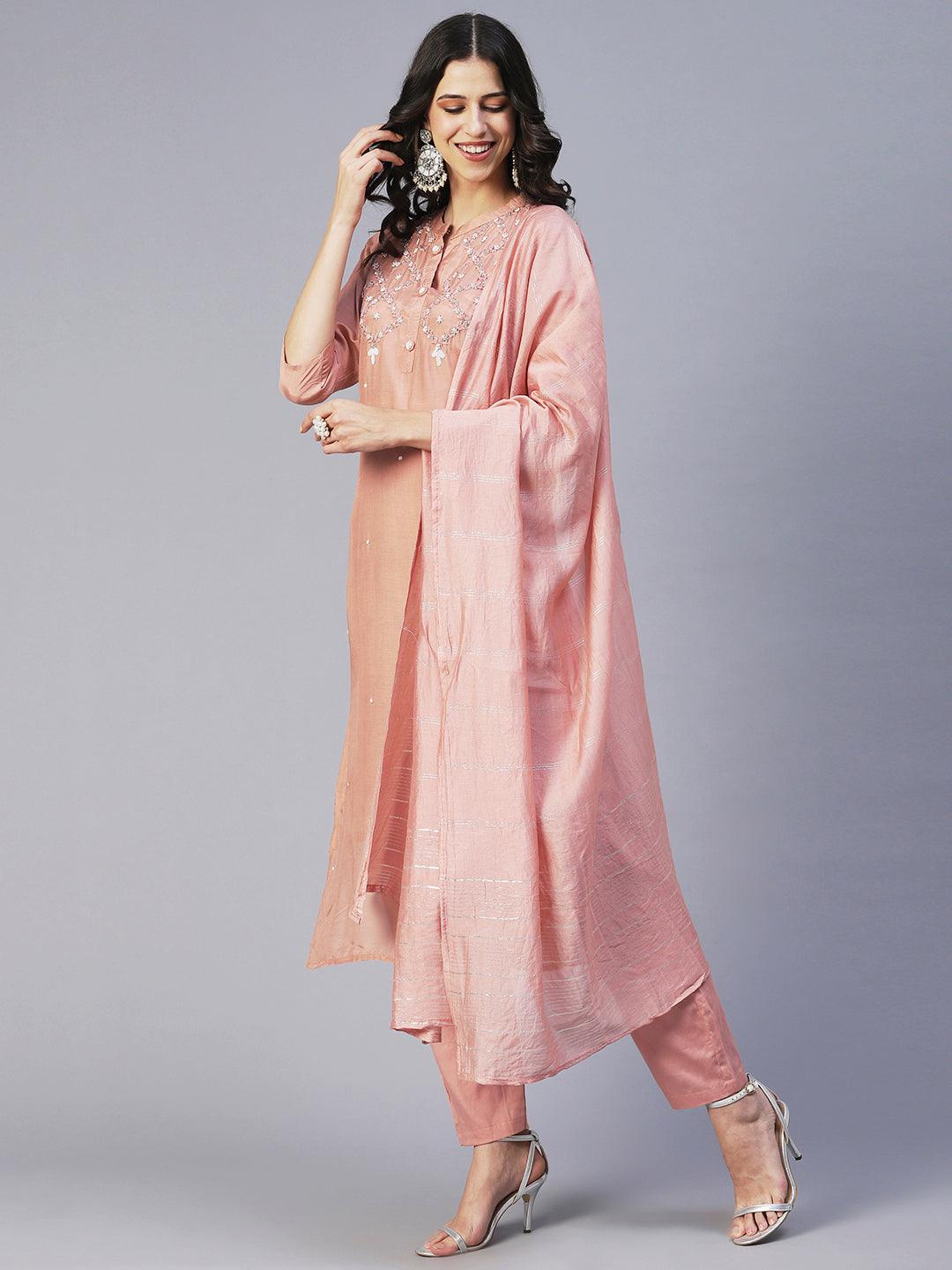 Ethnic Hand Embroidered Straight Fit Kurta with Pant & Dupatta - Rose Gold - Indiakreations