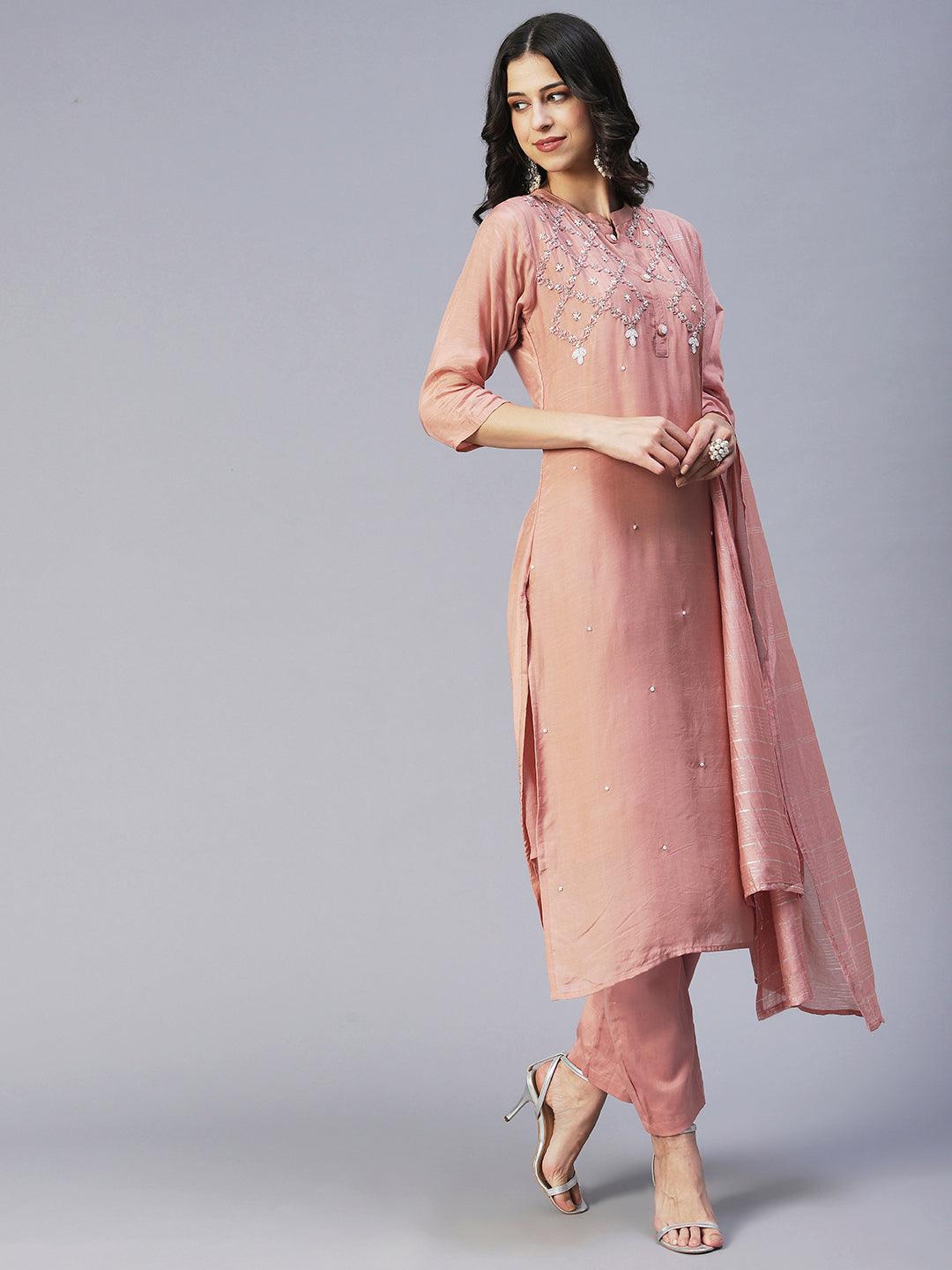 Ethnic Hand Embroidered Straight Fit Kurta with Pant & Dupatta - Rose Gold - Indiakreations