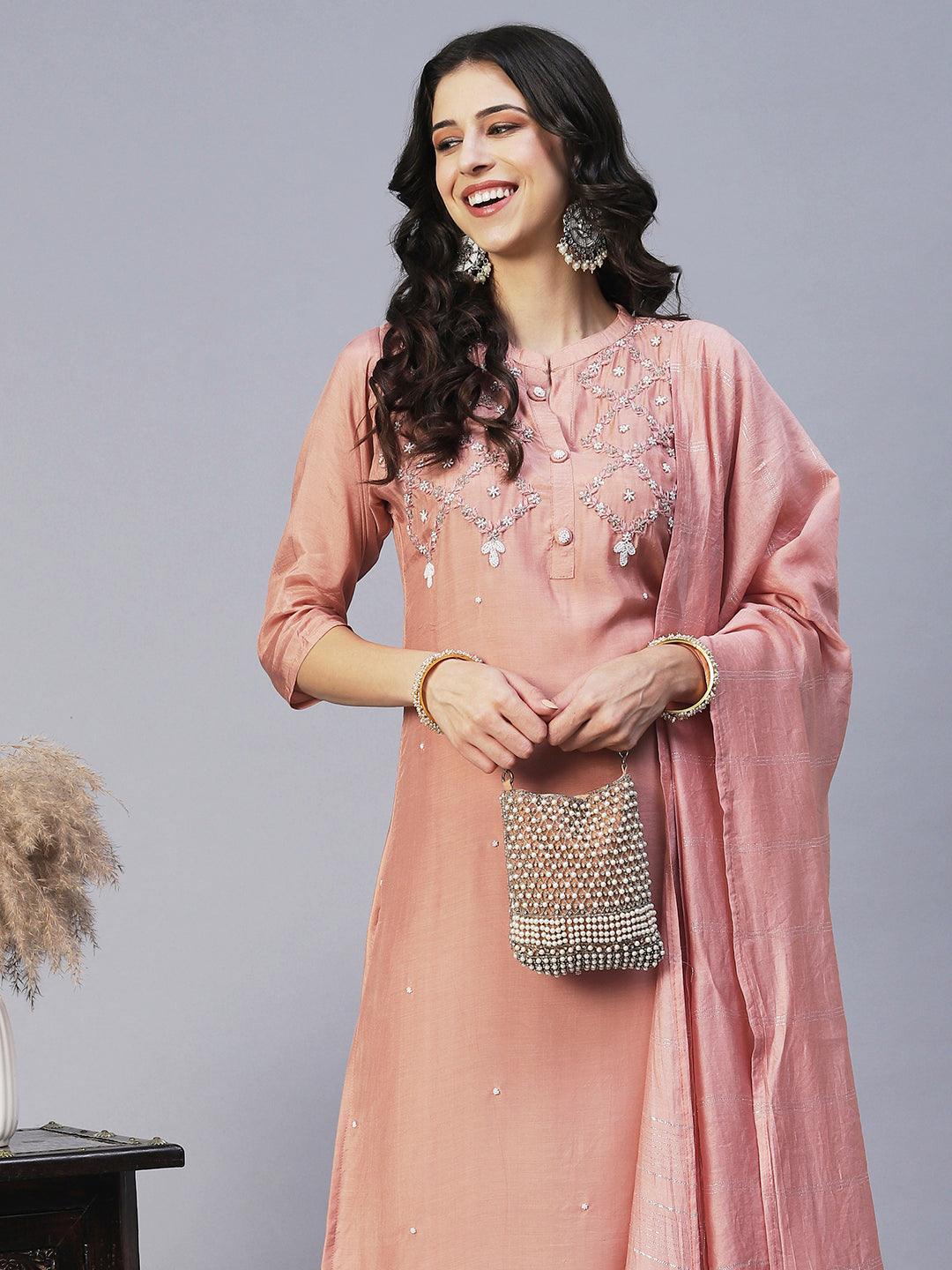 Ethnic Hand Embroidered Straight Fit Kurta with Pant & Dupatta - Rose Gold - Indiakreations