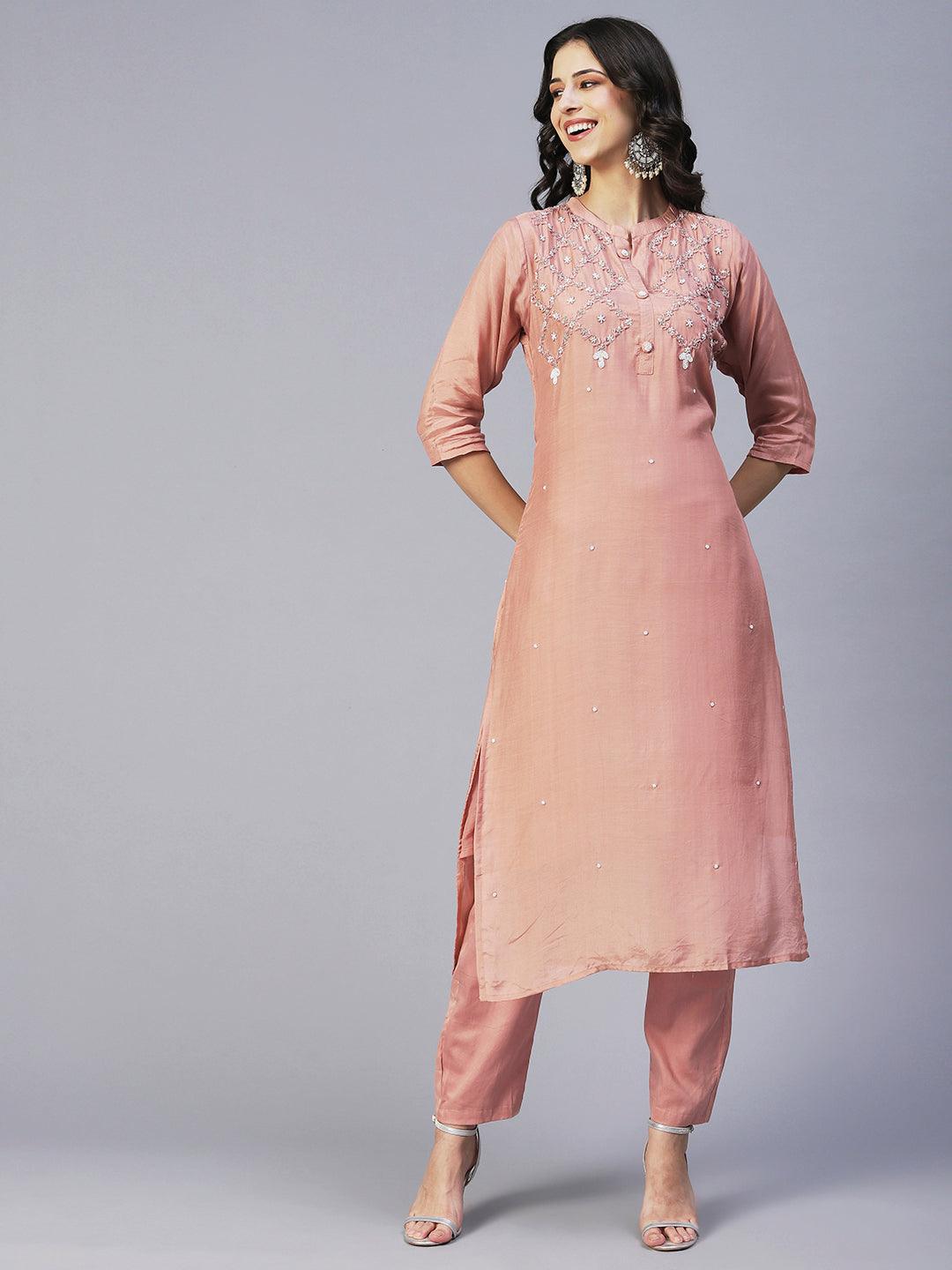 Ethnic Hand Embroidered Straight Fit Kurta with Pant & Dupatta - Rose Gold - Indiakreations