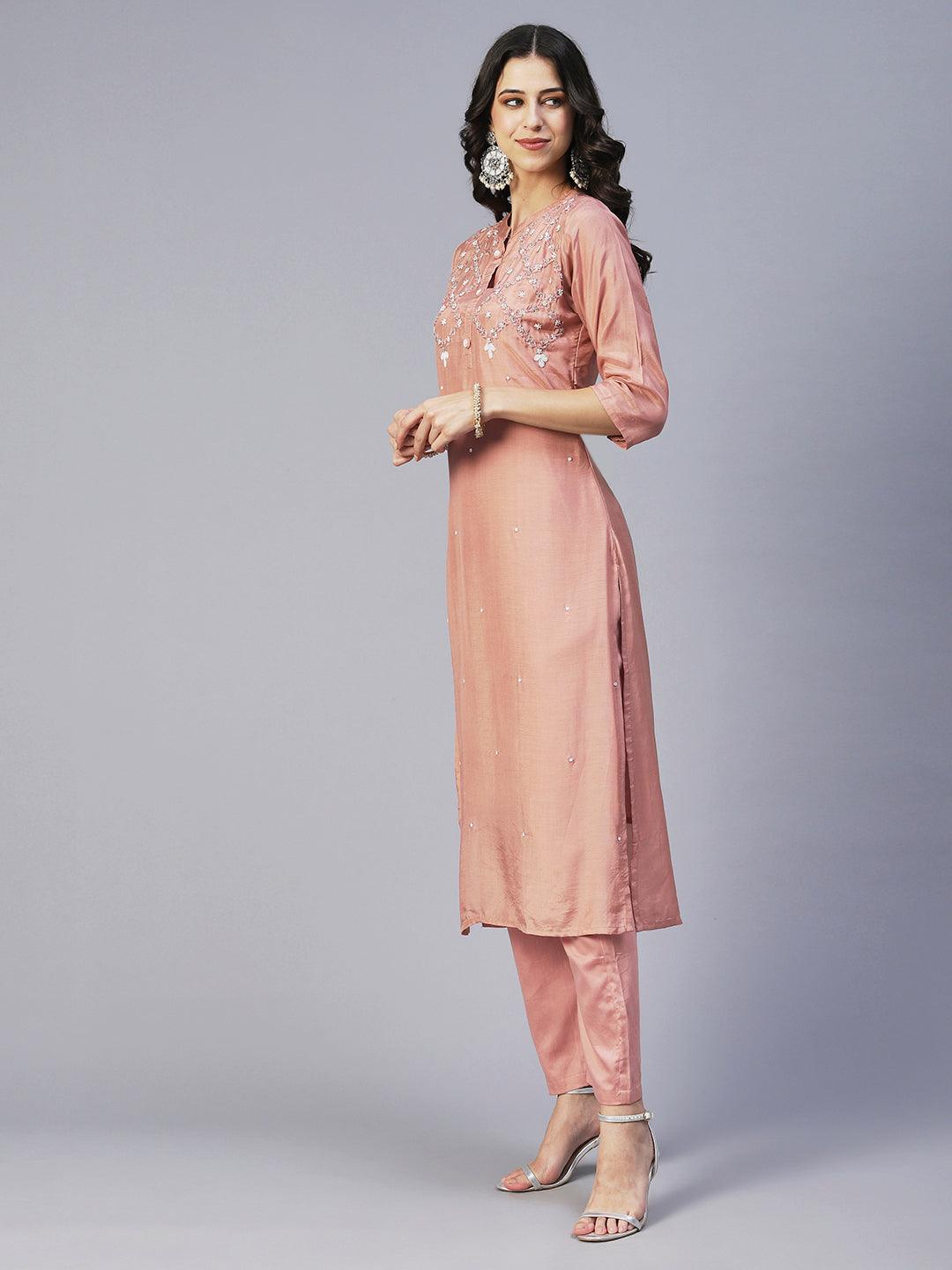 Ethnic Hand Embroidered Straight Fit Kurta with Pant & Dupatta - Rose Gold - Indiakreations