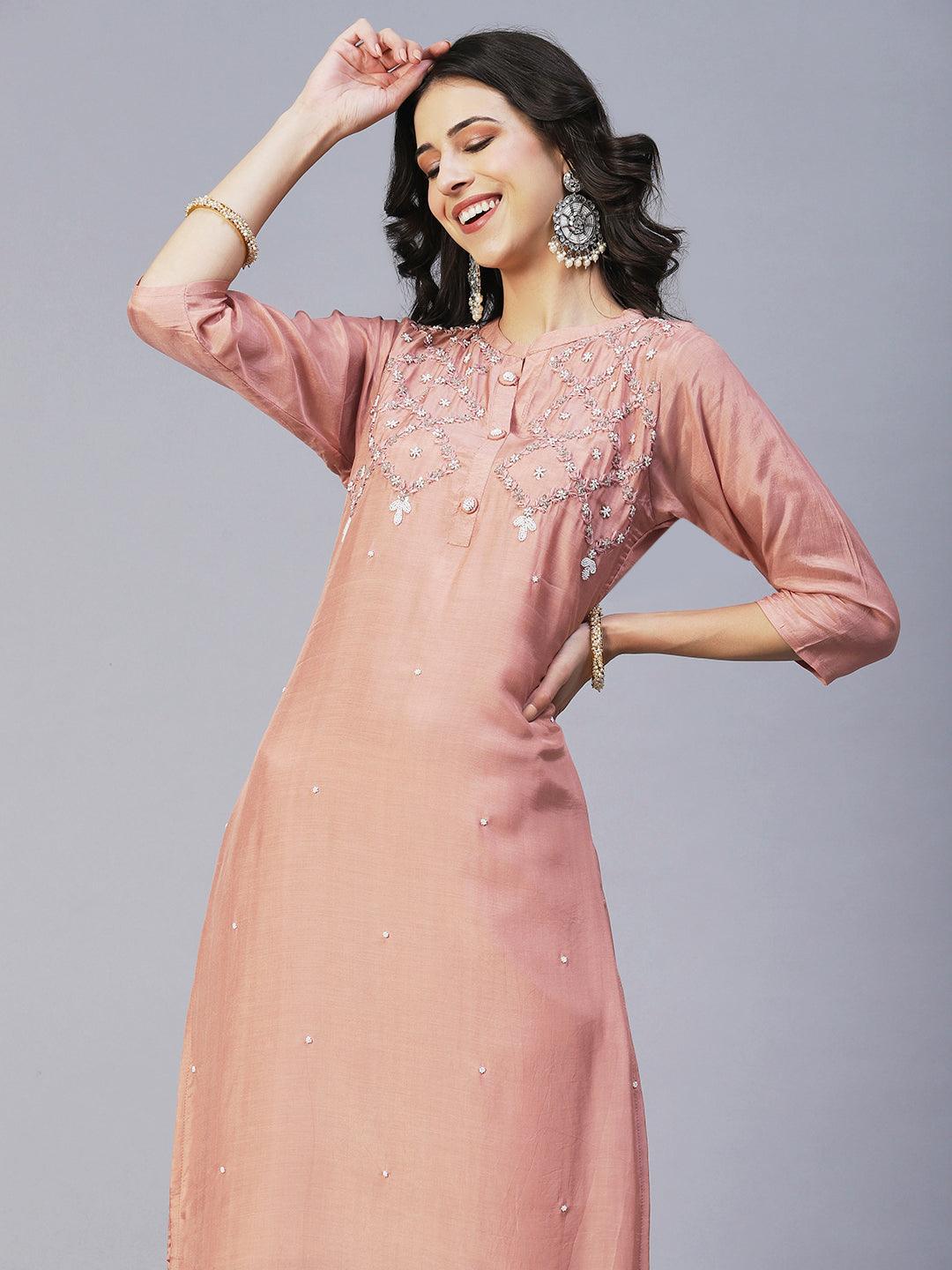 Ethnic Hand Embroidered Straight Fit Kurta with Pant & Dupatta - Rose Gold - Indiakreations