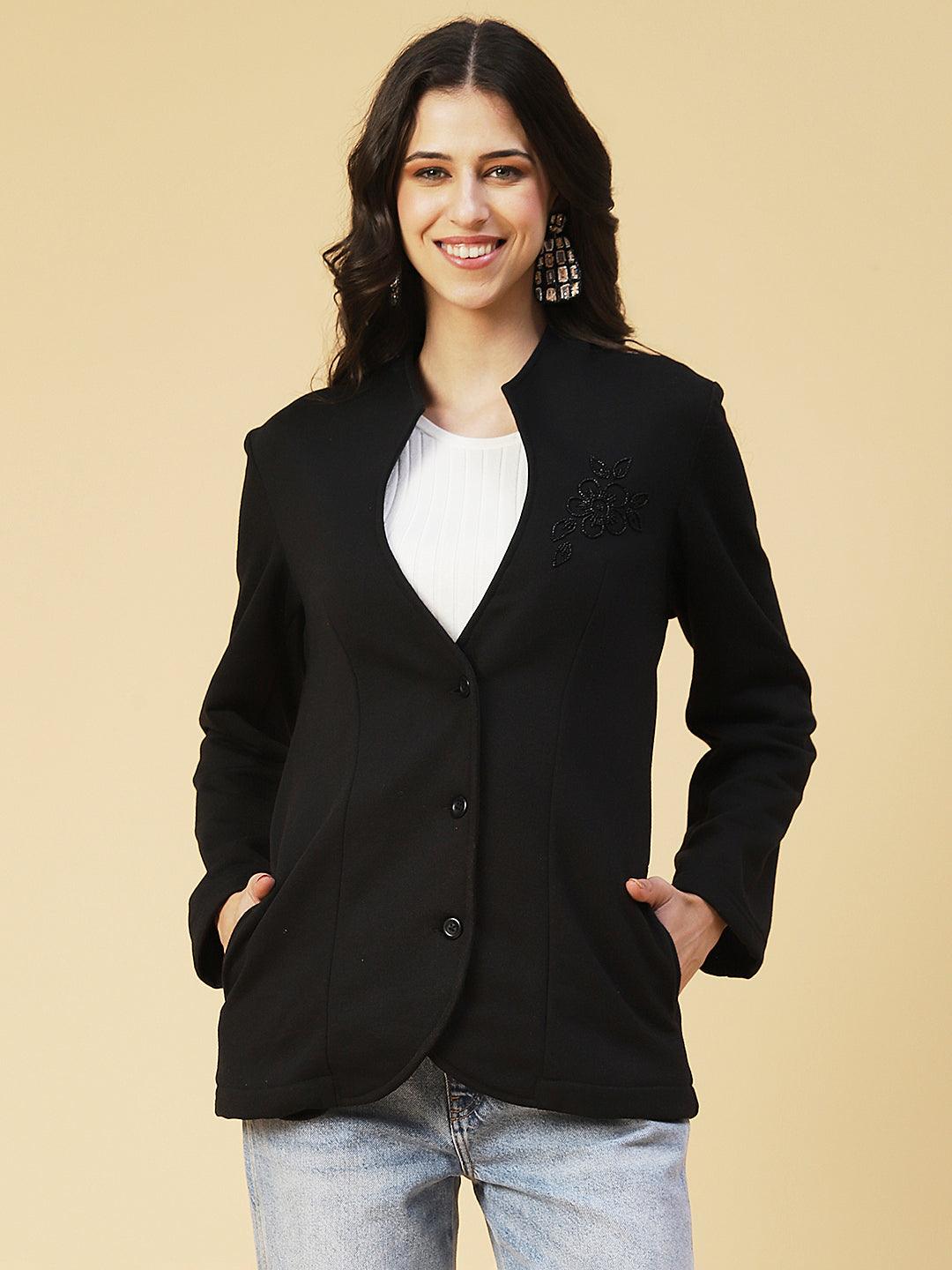 Winter Edition Floral Embroidered Front Open Jacket - Black - Indiakreations