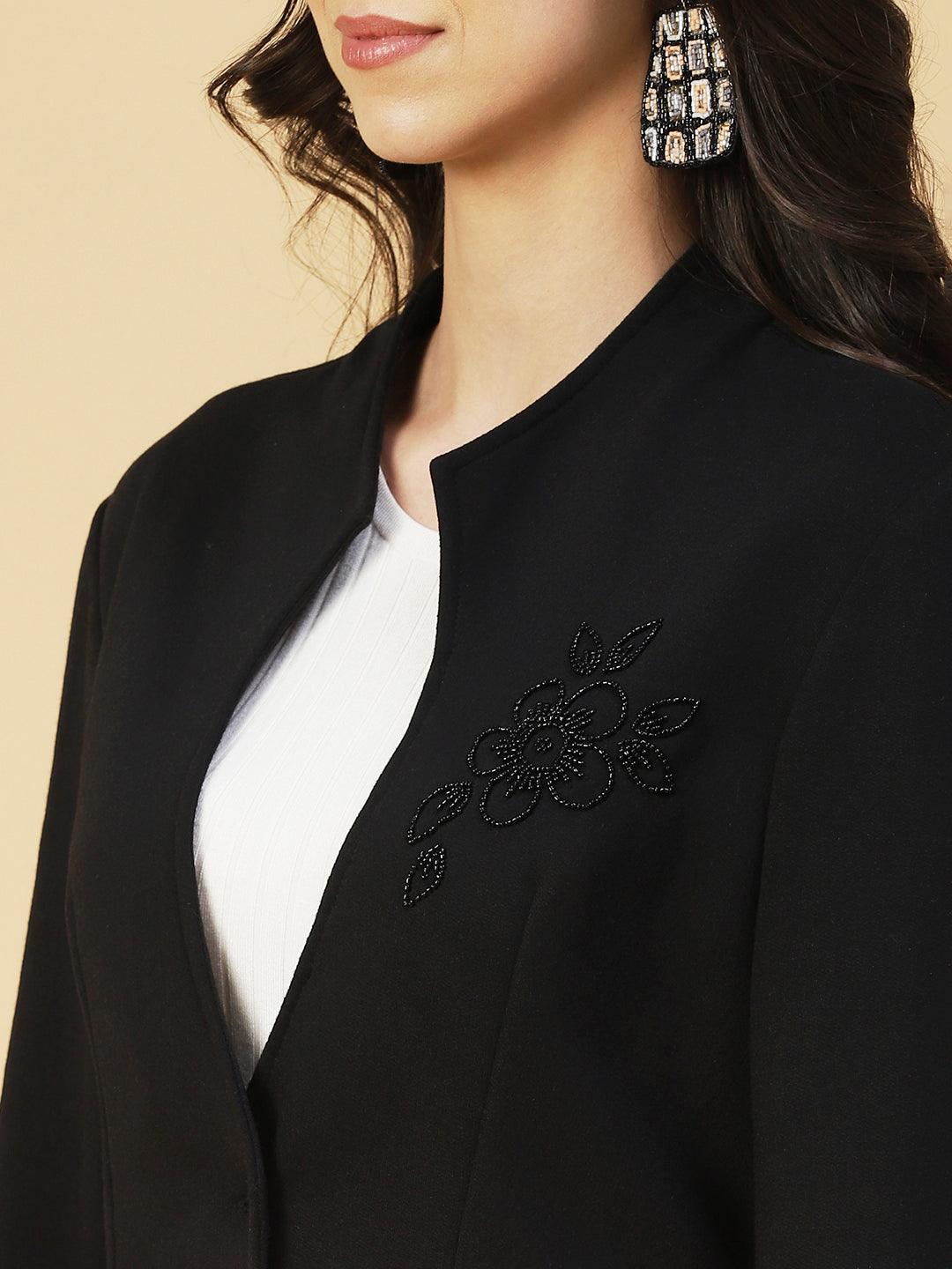 Winter Edition Floral Embroidered Front Open Jacket - Black - Indiakreations