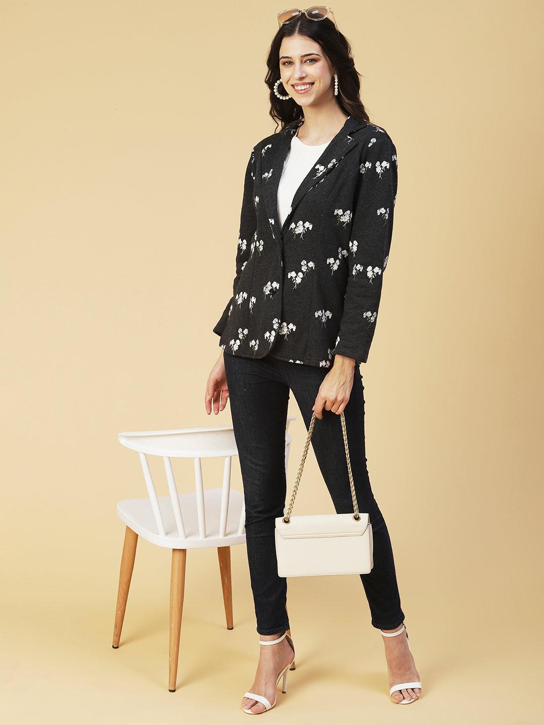 Winter Edition Floral Printed Front Open Jacket - Black - Indiakreations