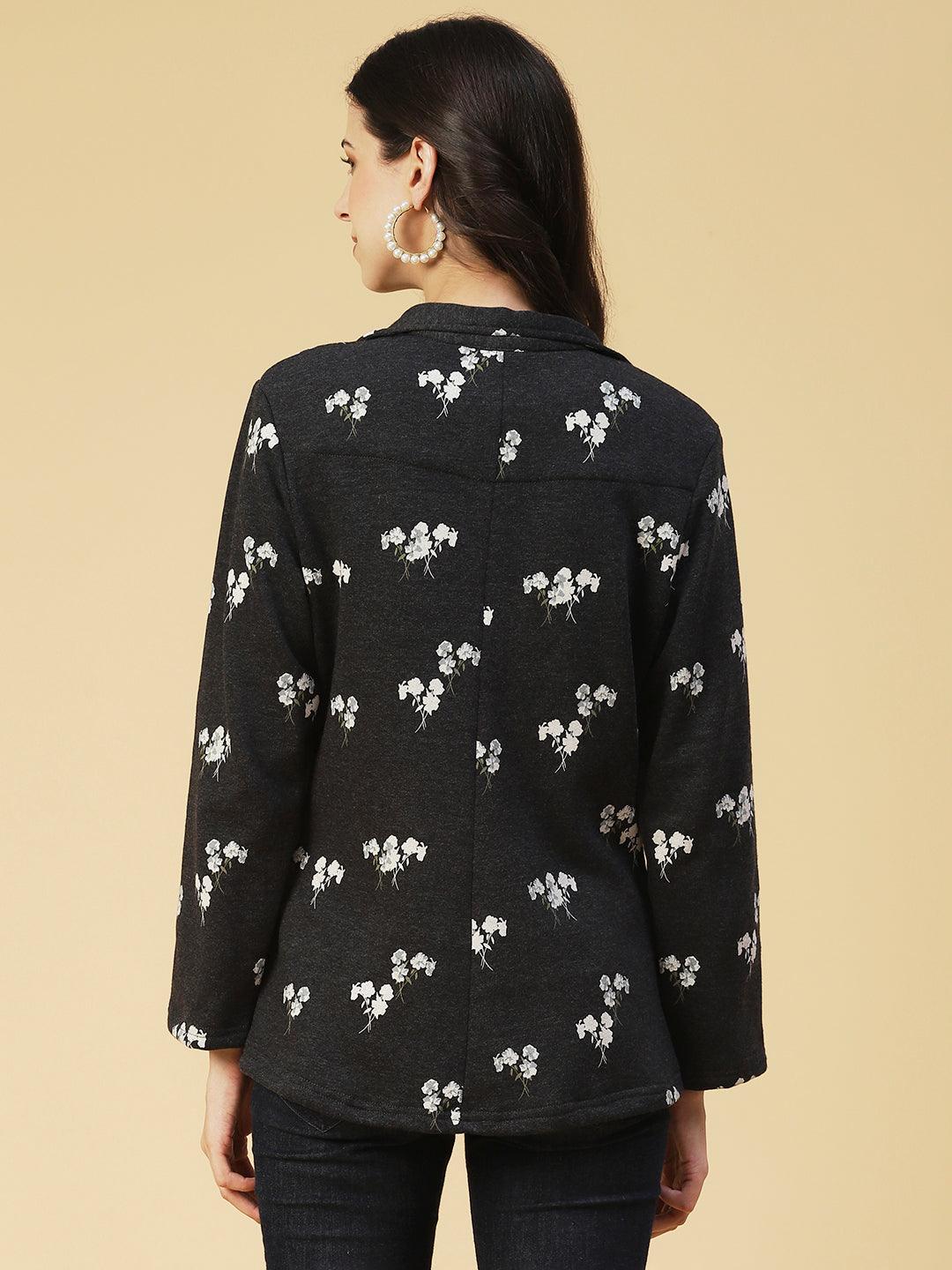 Winter Edition Floral Printed Front Open Jacket - Black - Indiakreations